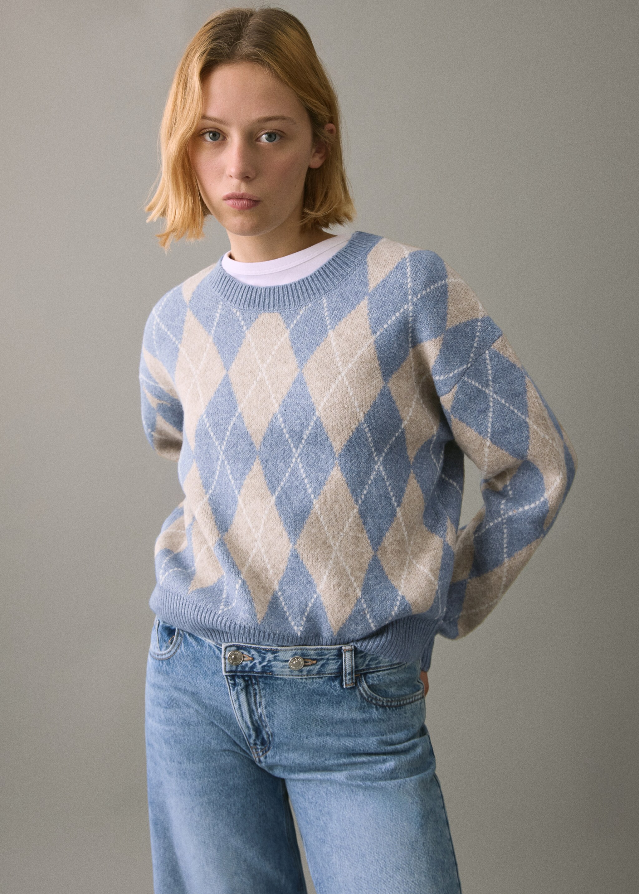 Pull-over motif losanges - Plan moyen, Bleu. Ref: 17008272-00.