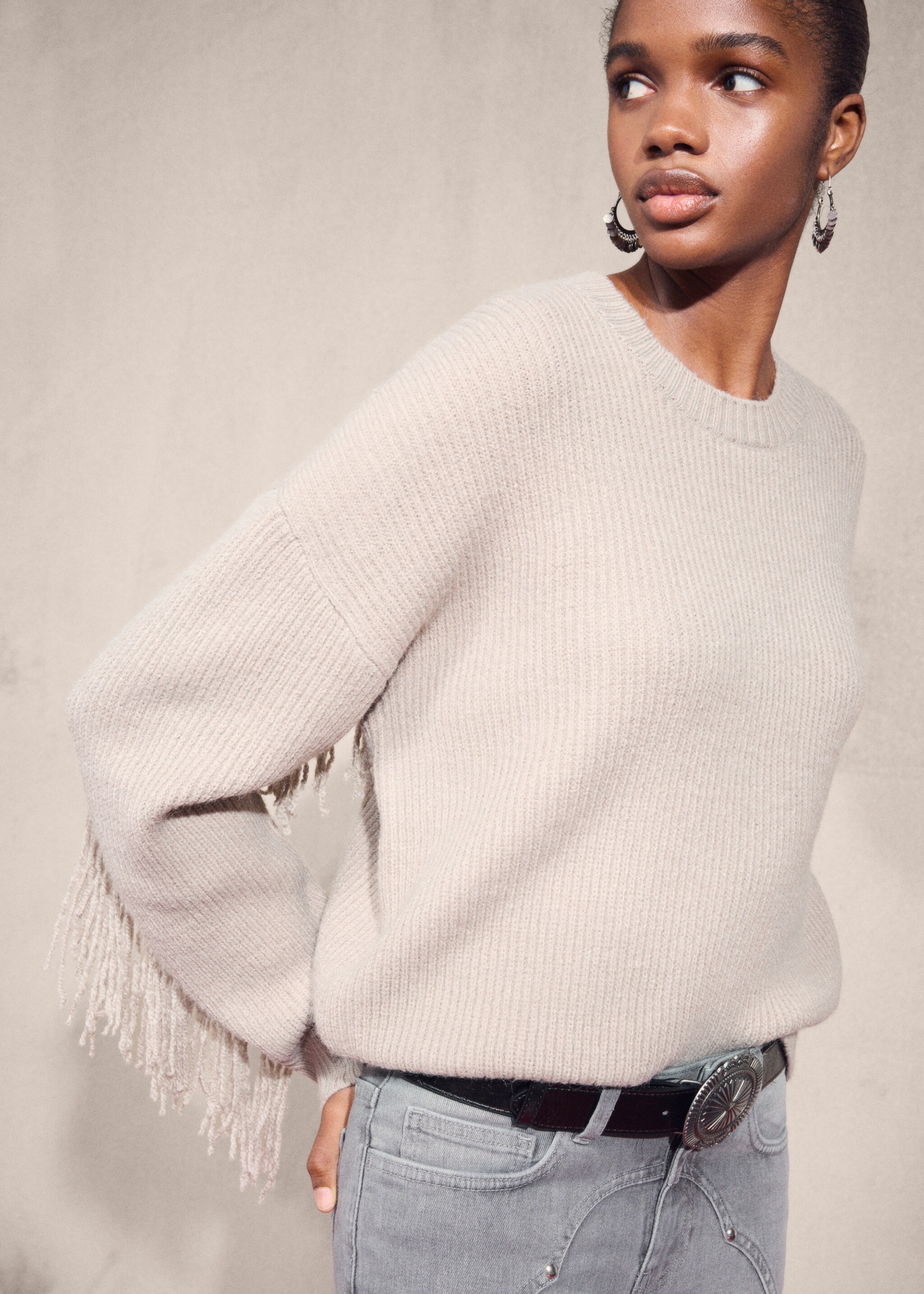 Fringes knit sweater - Details of the article 6, Medium Brown. Ref: 17008275-00.