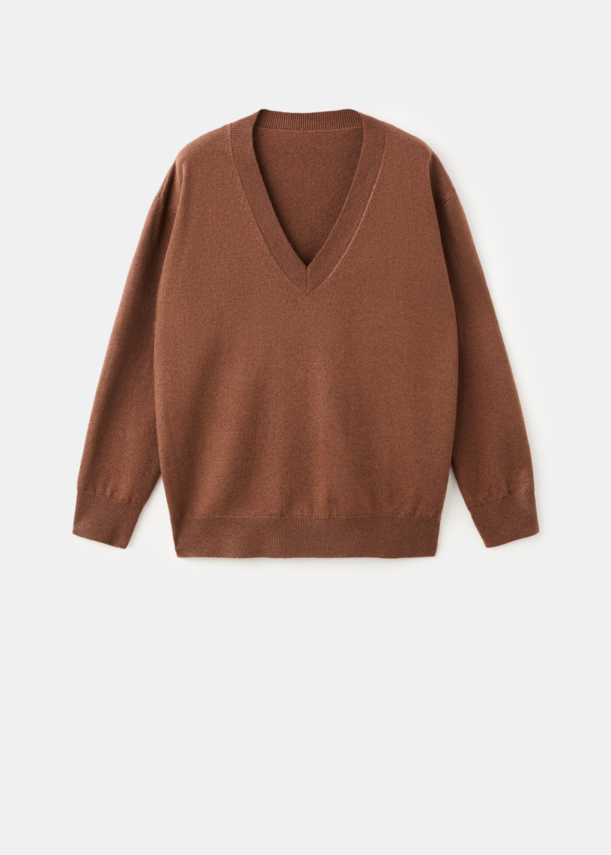 Fine-knit V-neck sweater - Article without model, Tobacco Brown. Ref: 17009115-00.