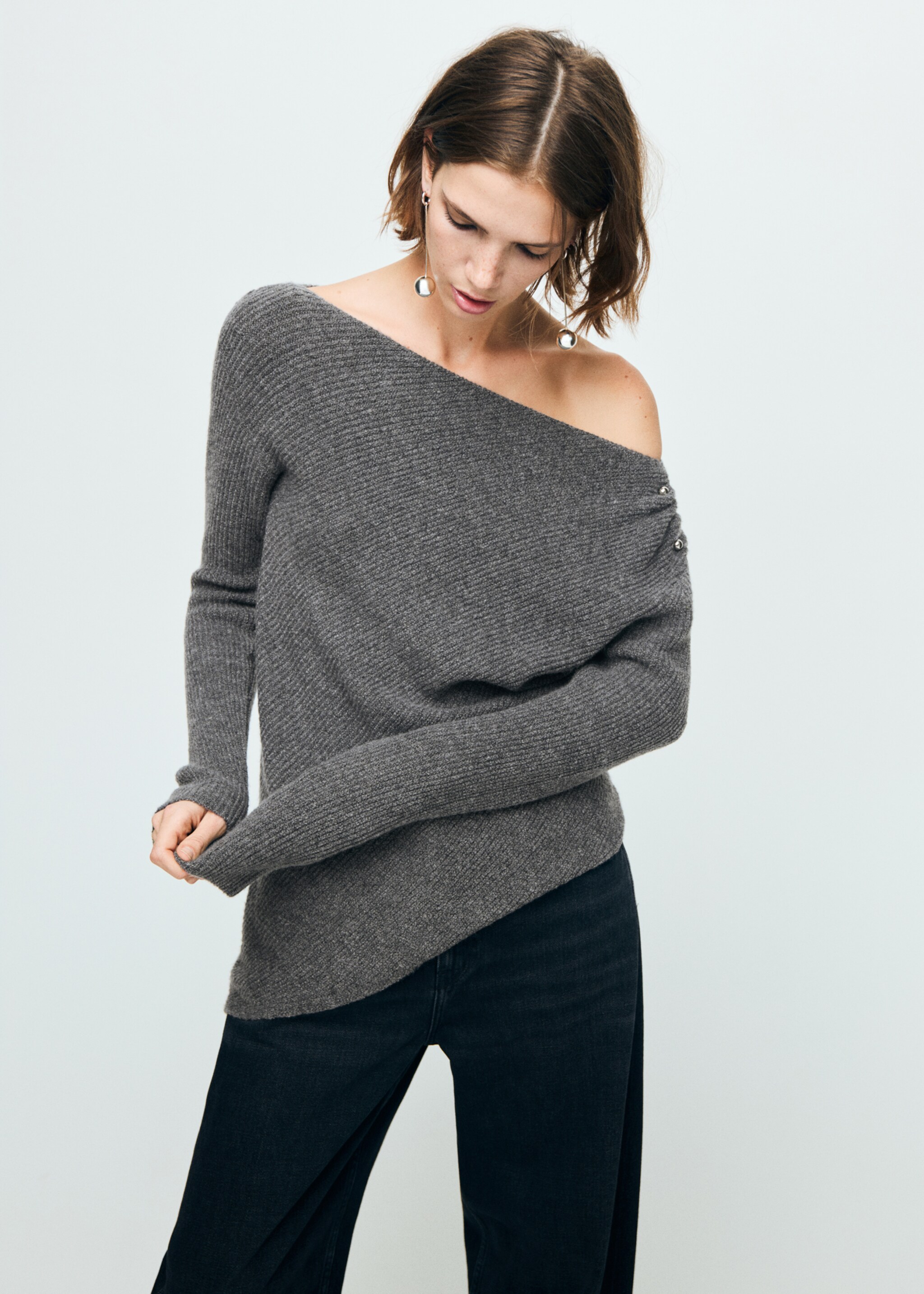 Asymmetrical sweater with metallic detail - Medium plane, Medium Heather Grey. Ref: 17009116-00.