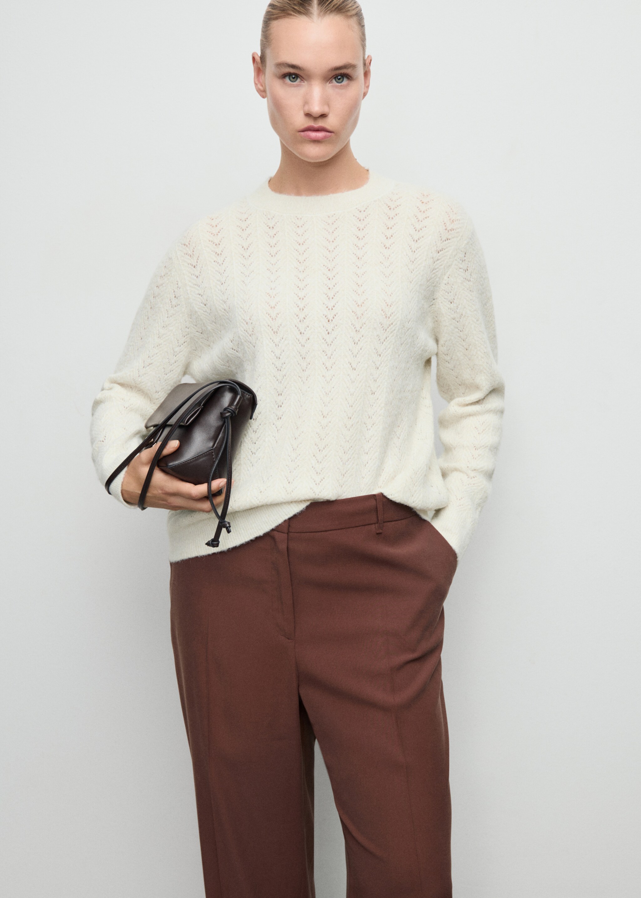 Cable-knit lurex sweater - Details of the article 5, Ecru. Ref: 17009120-00.