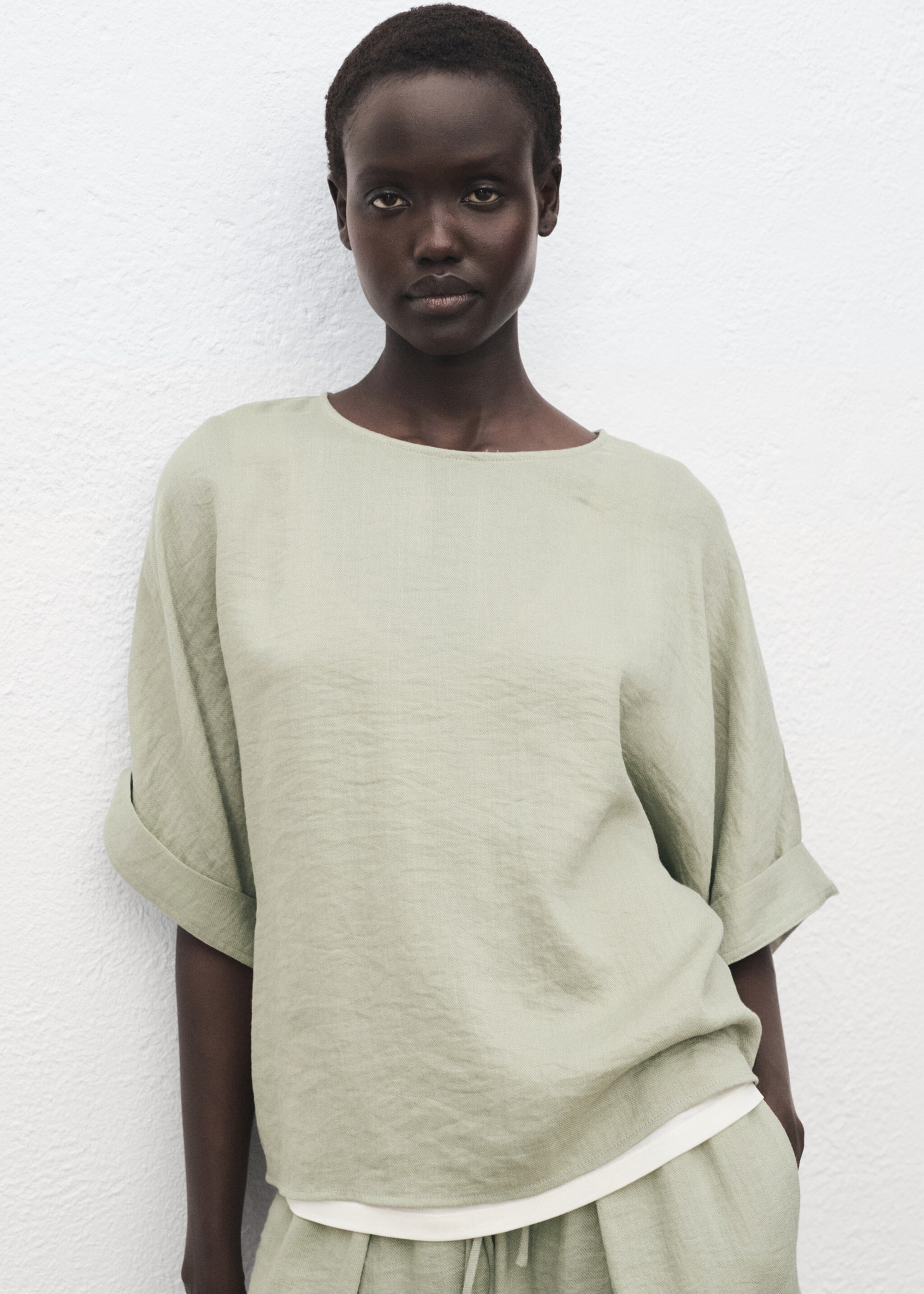 Oversized blouse with turn-up sleeves - Medium plane, Aqua Green. Ref: 17013797-00.
