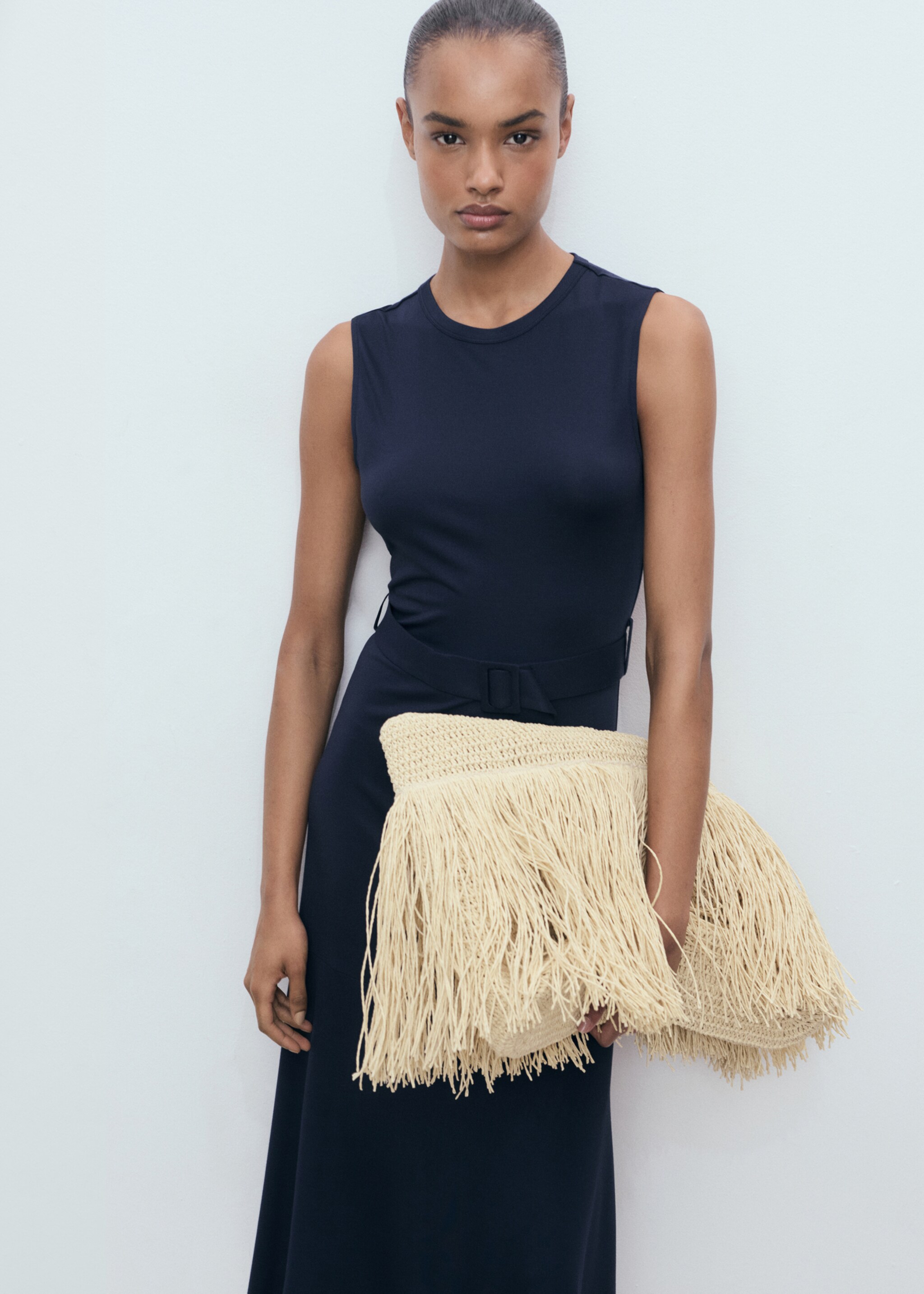 Belt midi dress - Medium plane, Navy. Ref: 17014079-00.