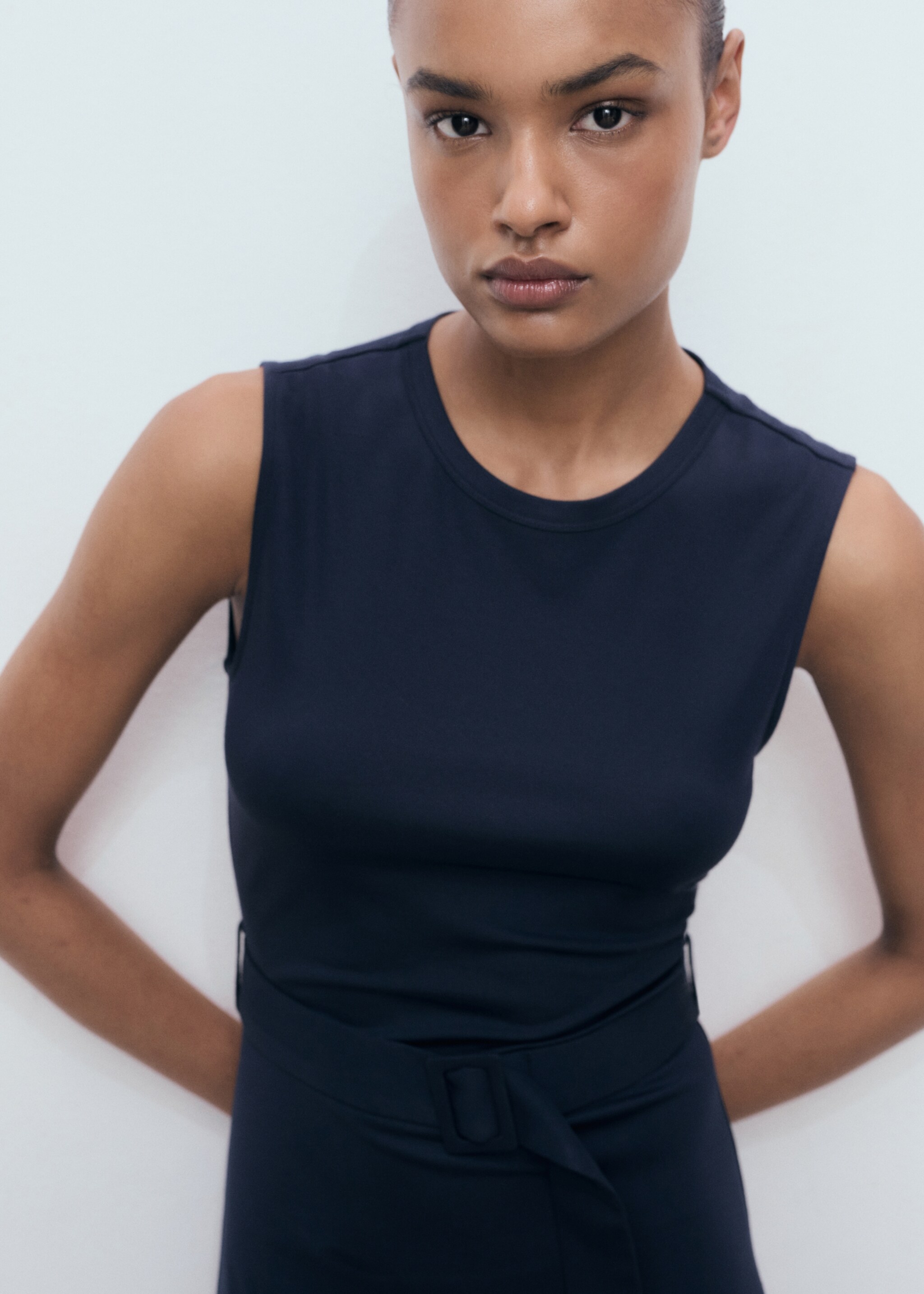 Belt midi dress - Details of the article 1, Navy. Ref: 17014079-00.