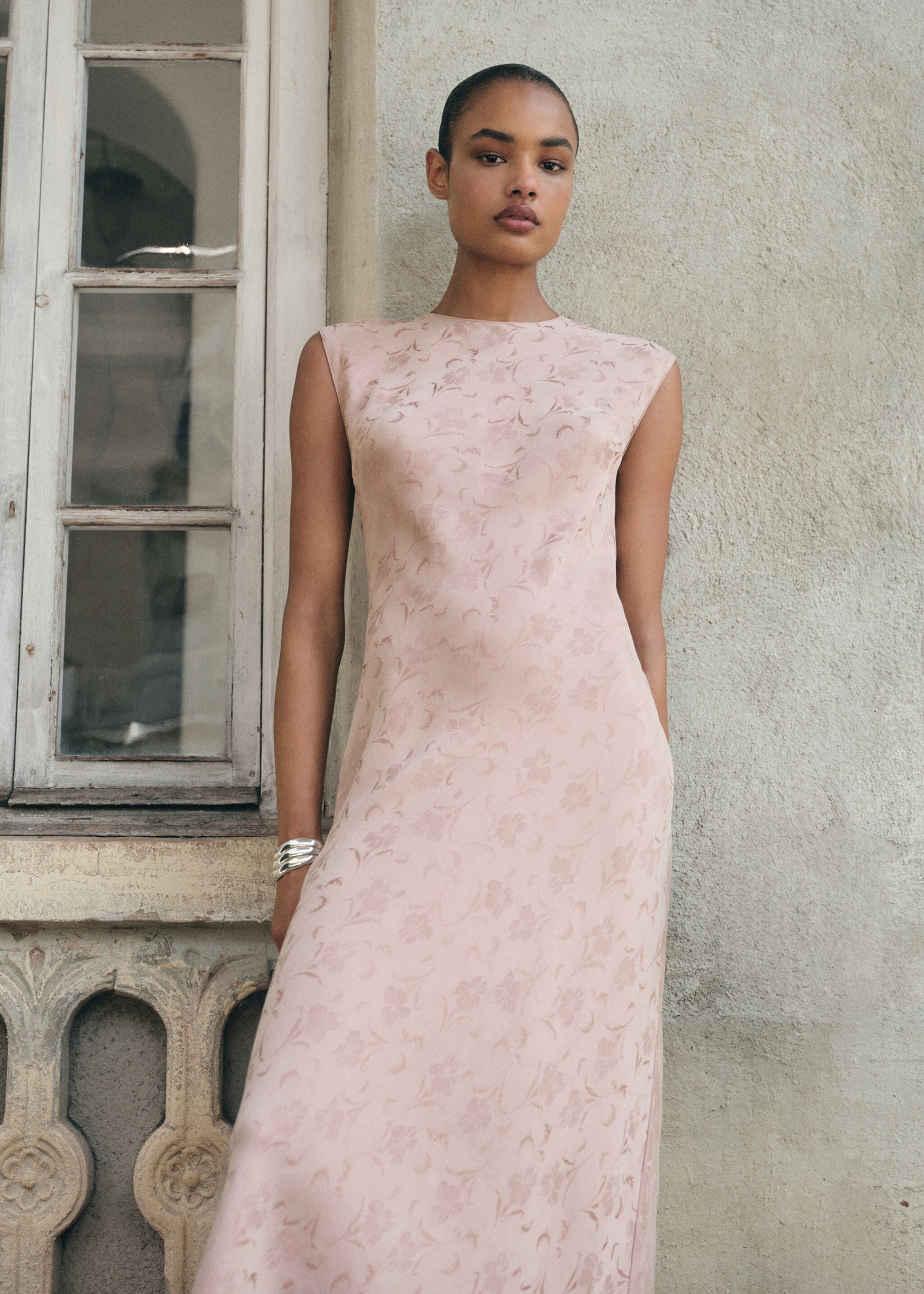 Satin floral jacquard dress - Medium plane