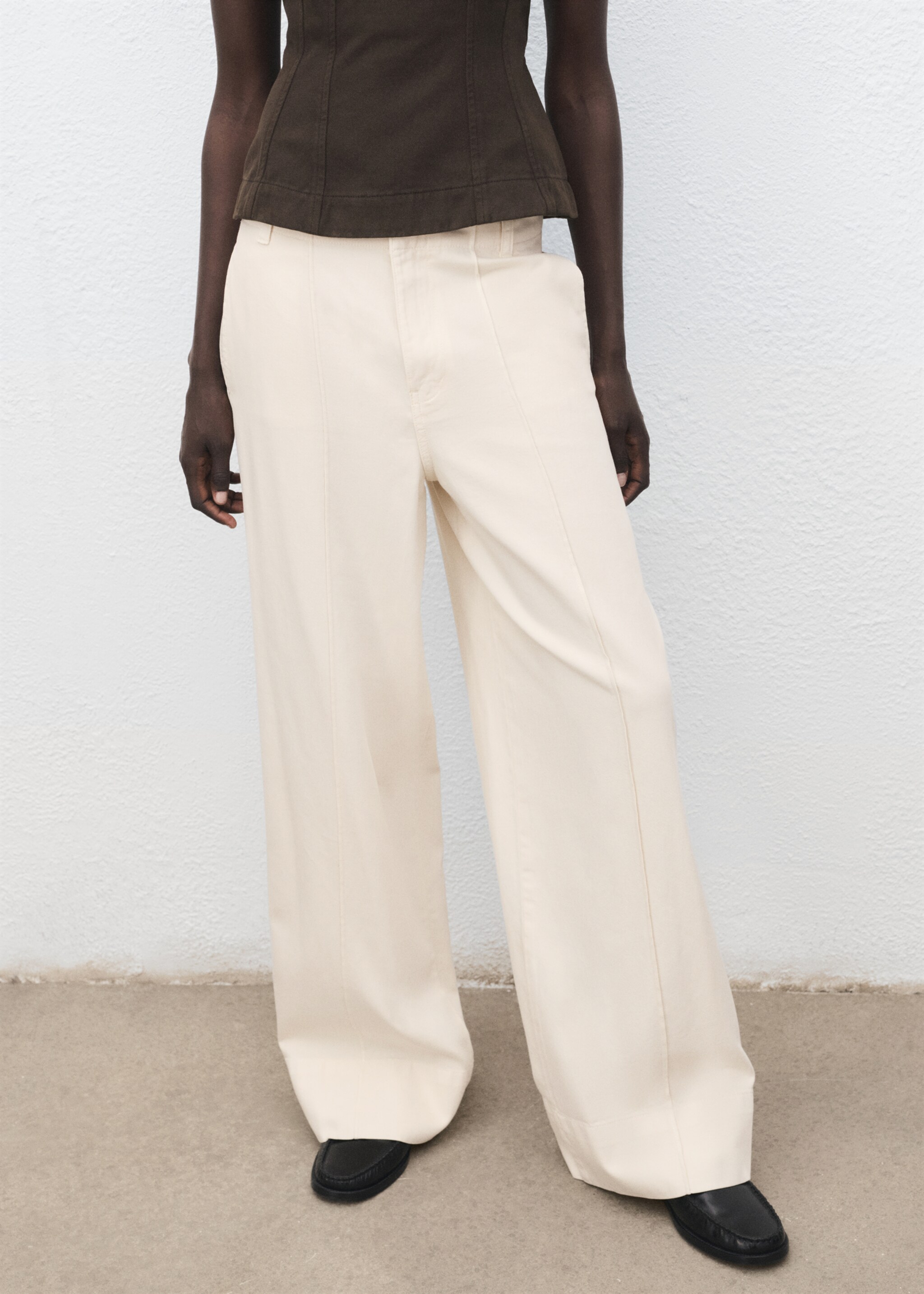 Wide leg denim pants with stitching - Medium plane, Ecru. Ref: 17014103-00.