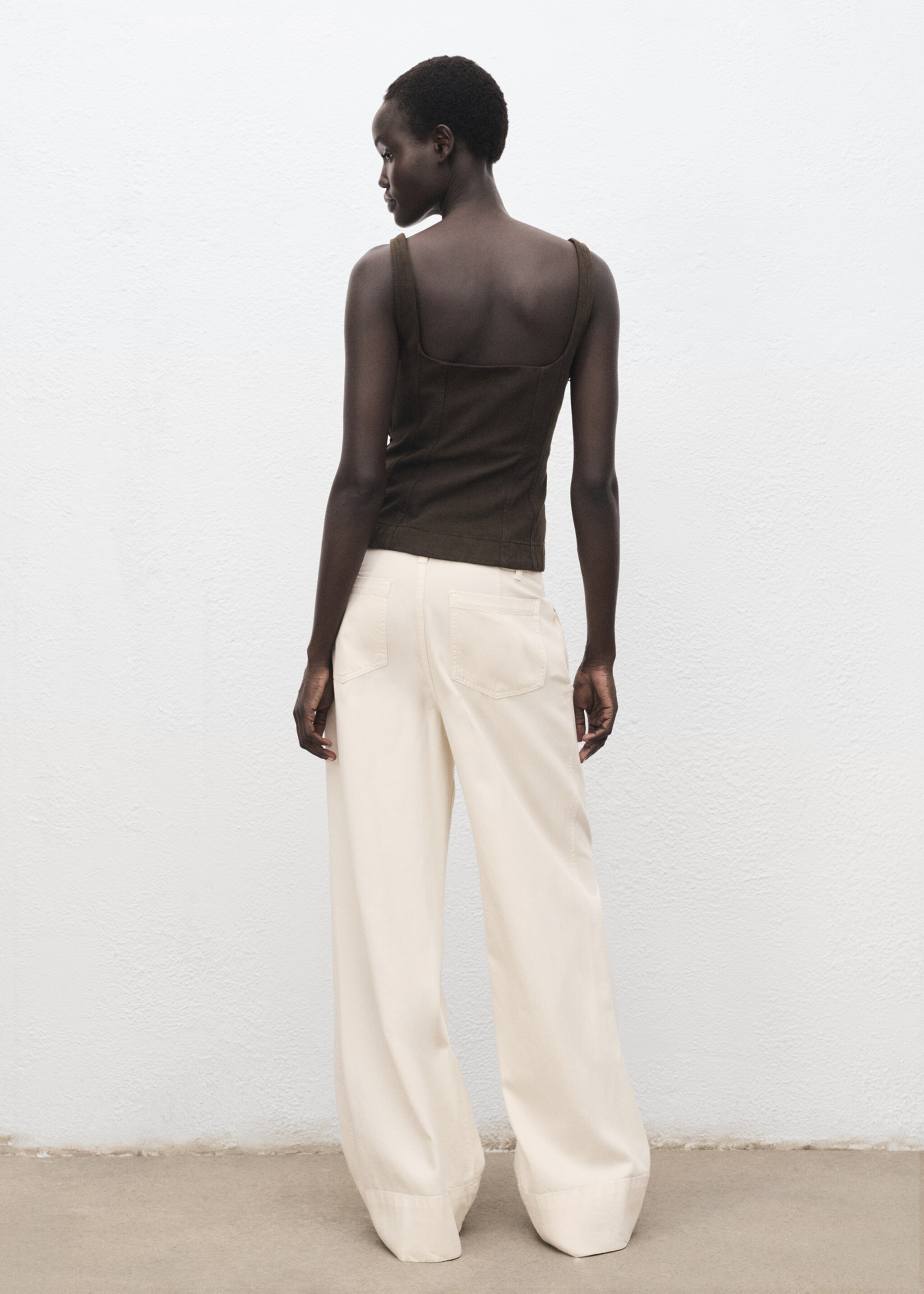 Wide leg denim pants with stitching - Reverse of the article, Ecru. Ref: 17014103-00.