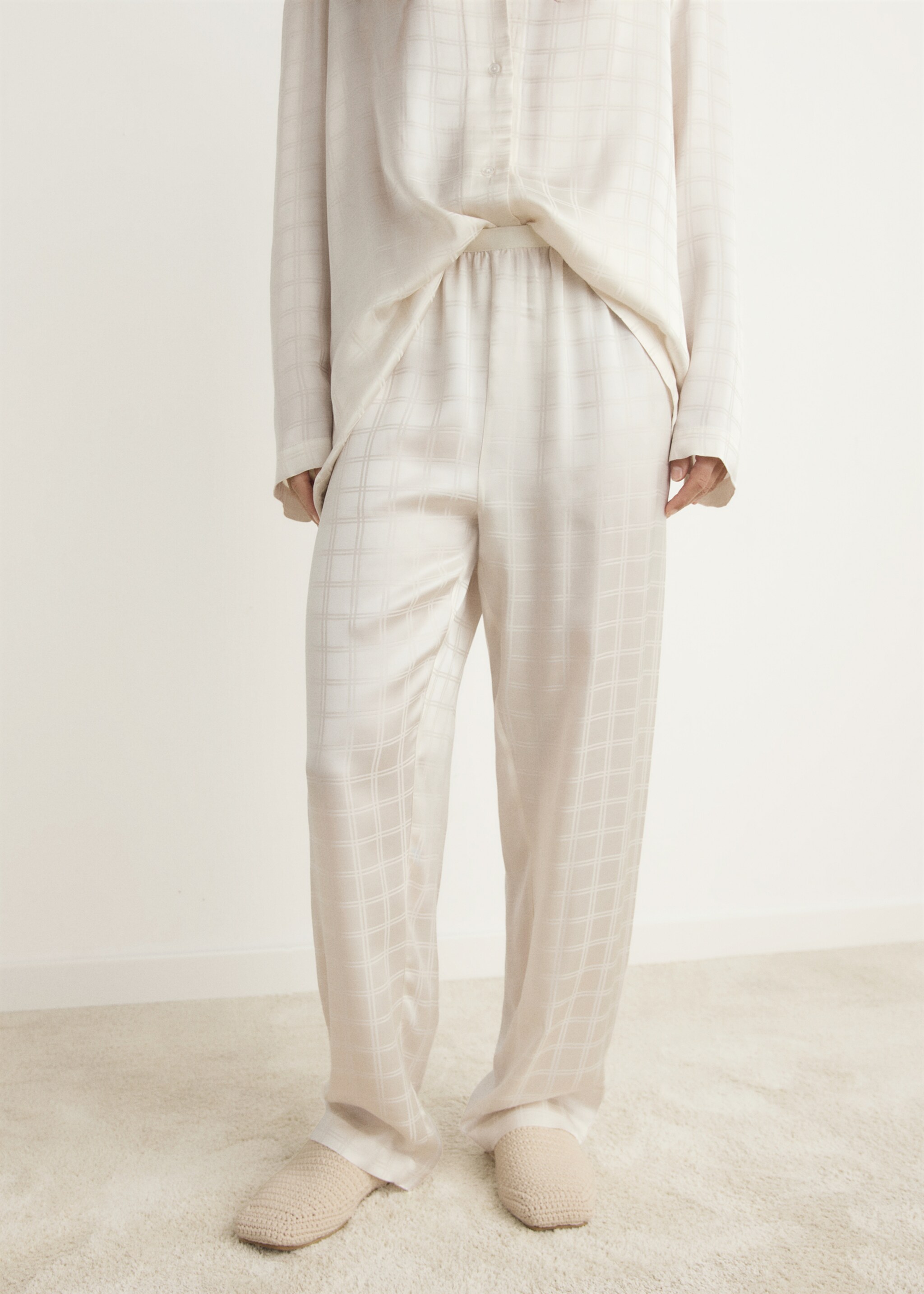 Rayon check pyjama trousers - Medium plane, Ivory White. Ref: 17014111-00.