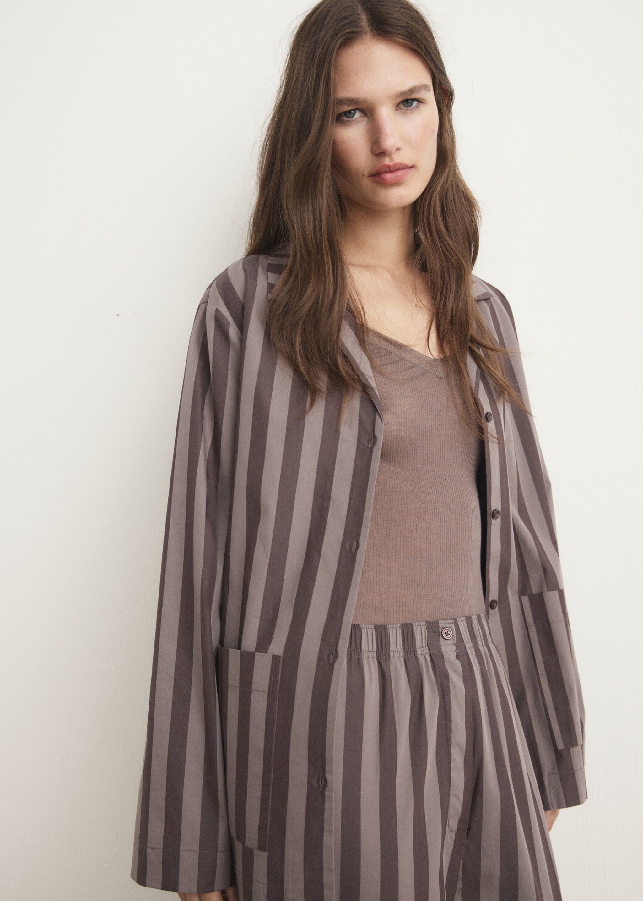 Woven striped pyjama trousers - Details of the article 1, Brown. Ref: 17014113-00.