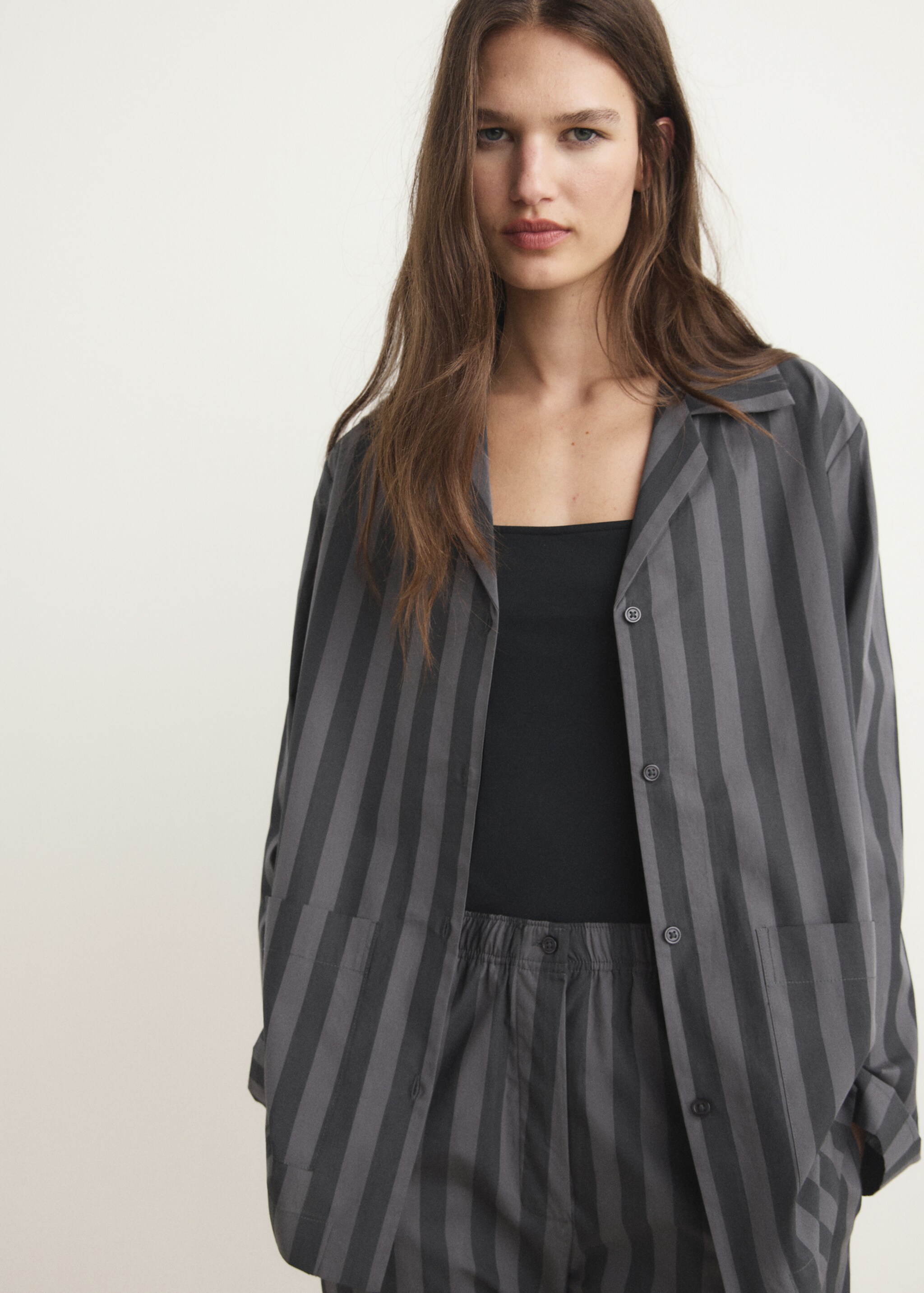 Woven striped pyjama trousers - Details of the article 1, Grey. Ref: 17014113-00.