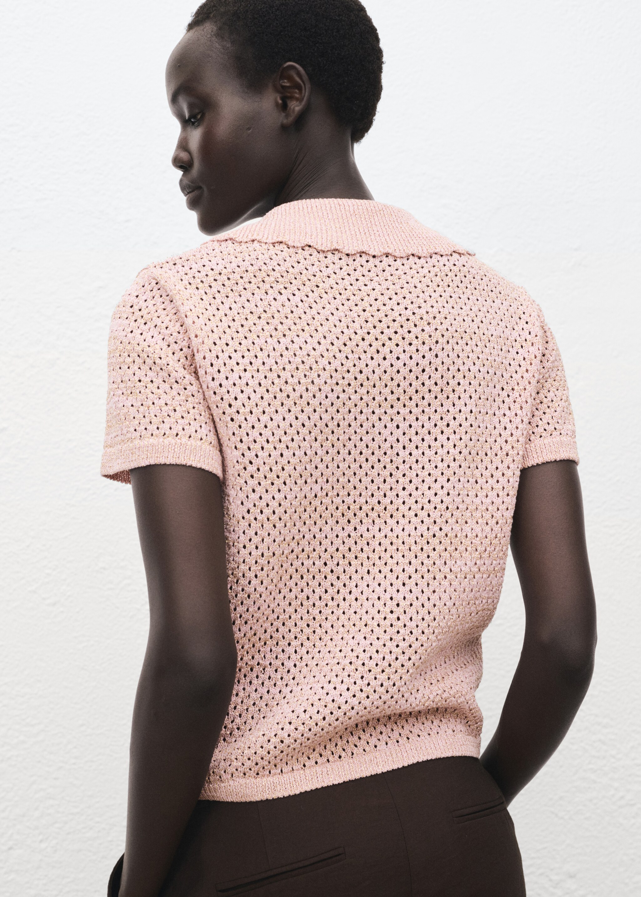 Short-sleeved crochet sweater - Reverse of the article, Pastel Pink. Ref: 17014141-00.