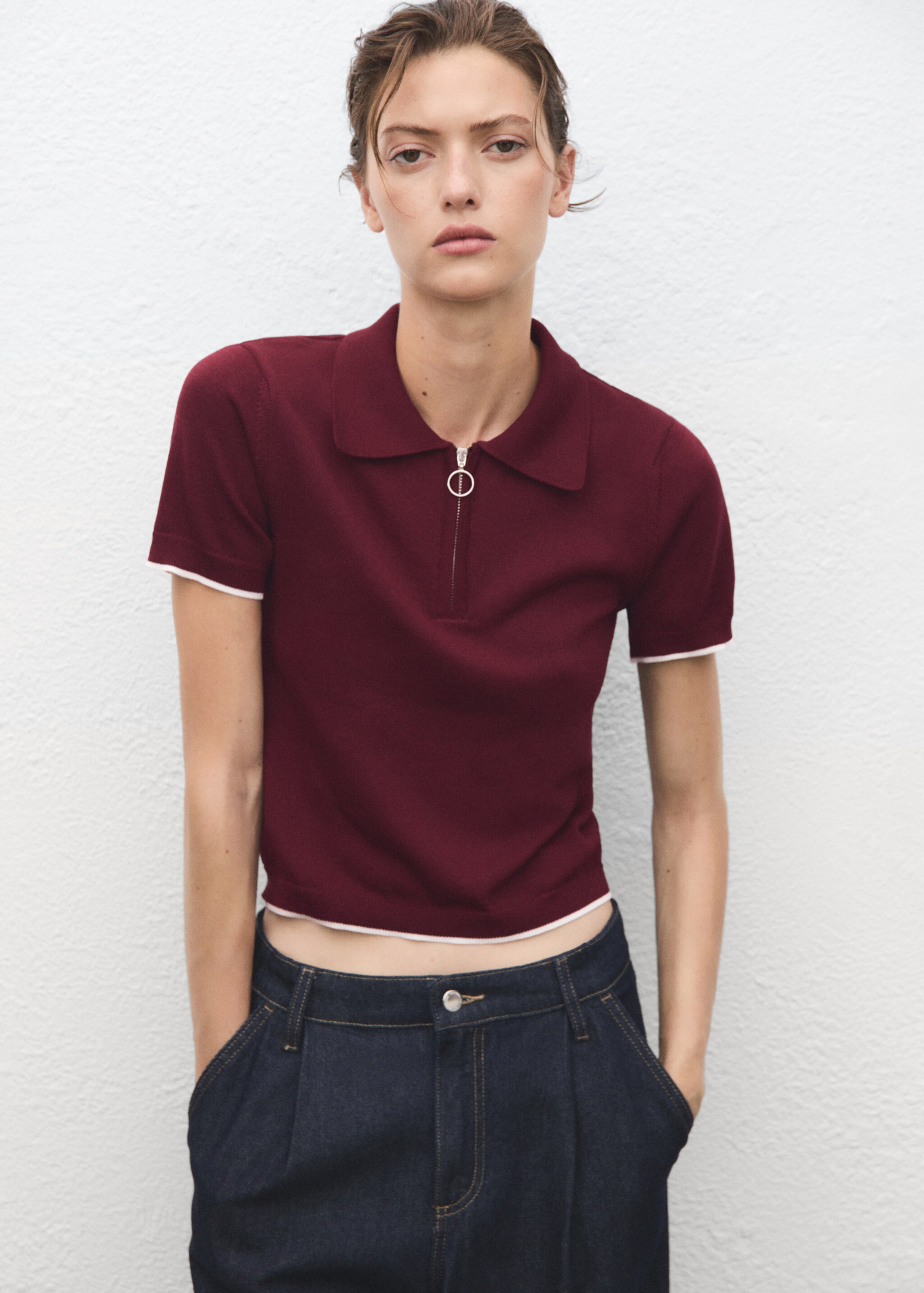 Polo-neck sweater with zip - Medium plane, Wine. Ref: 17014144-00.
