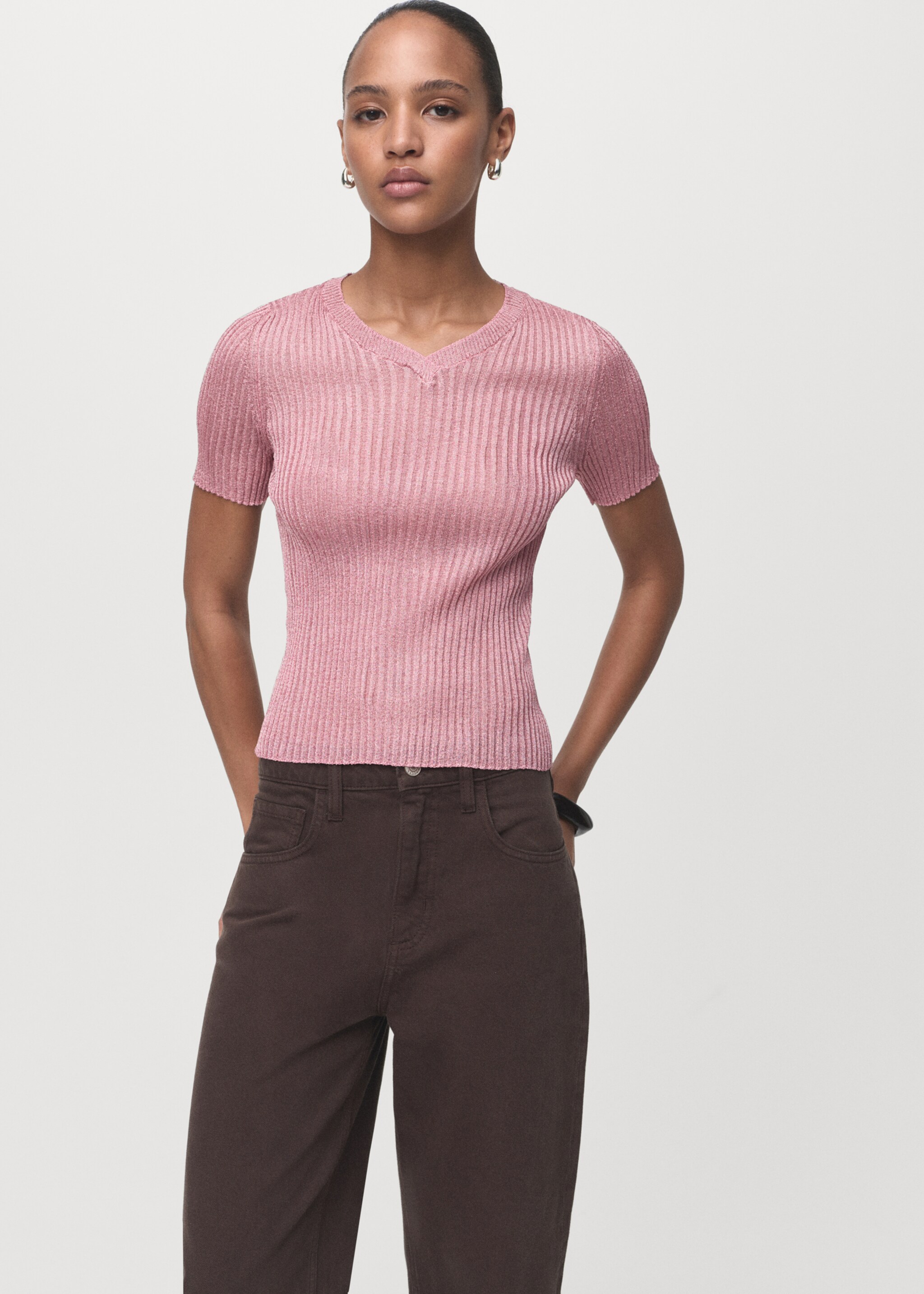 Short-sleeved lurex sweater - Medium plane, Pastel Pink. Ref: 17014146-00.