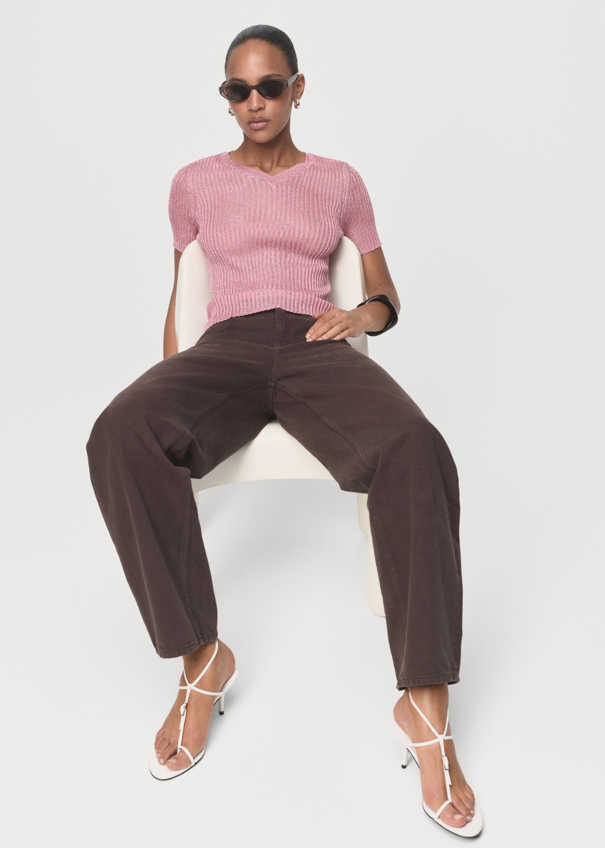 Short-sleeved lurex sweater - Details of the article 2, Pastel Pink. Ref: 17014146-00.