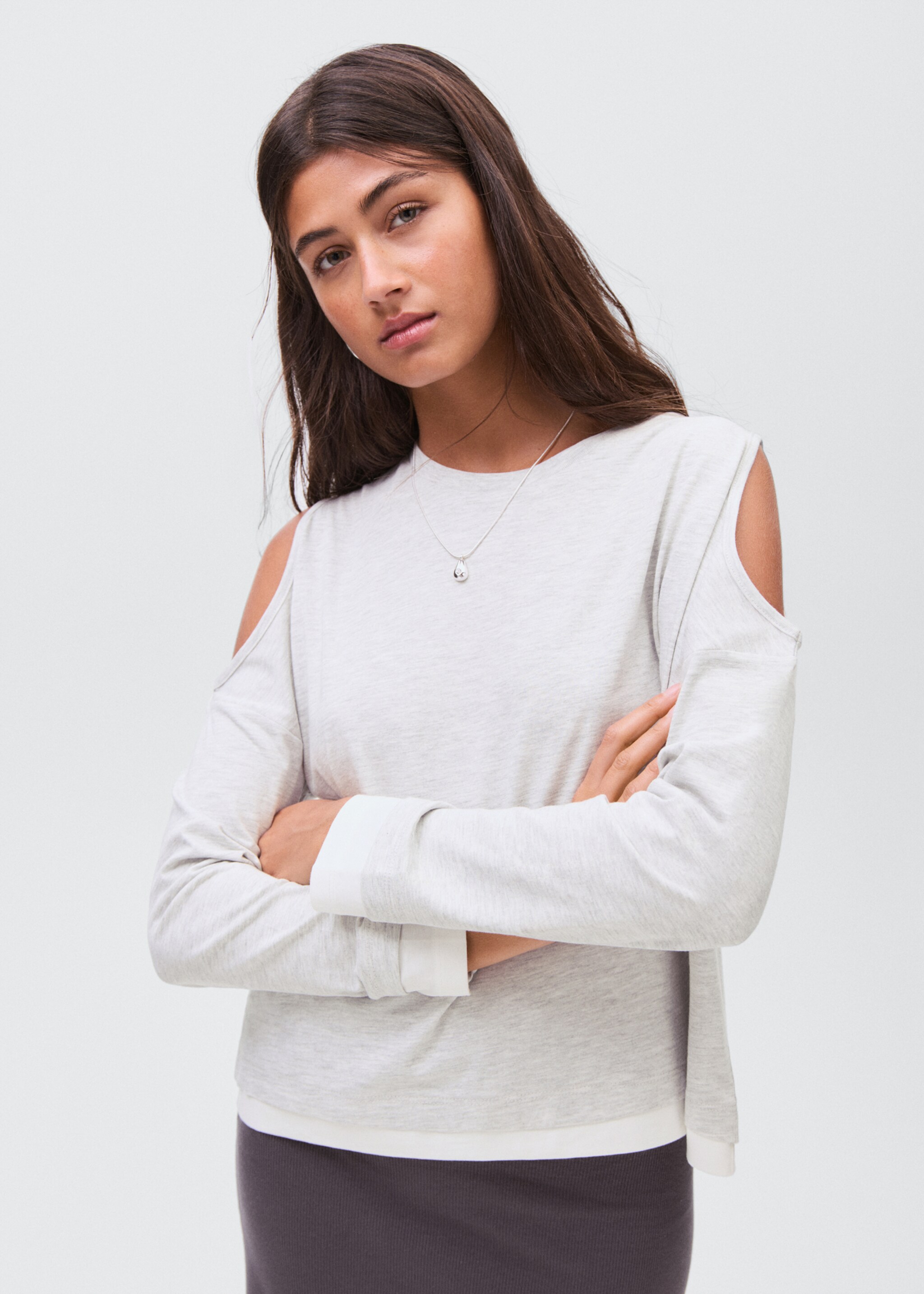 Cotton t-shirt with cut-out - Medium plane, Light Heather Grey. Ref: 17014779-00.