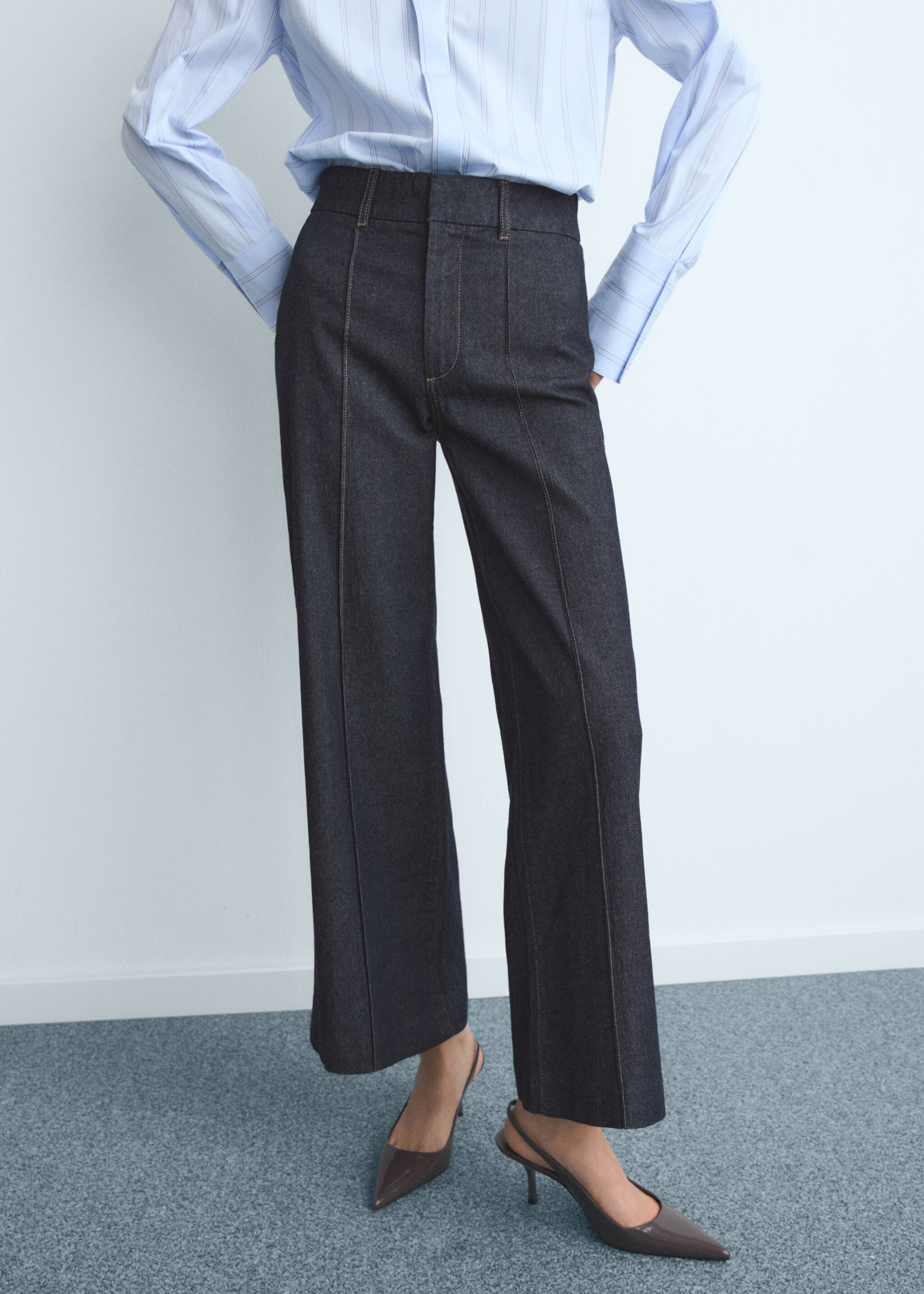 High-waisted culotte jeans with stitching - Medium plane, Open Blue. Ref: 17015803-00.