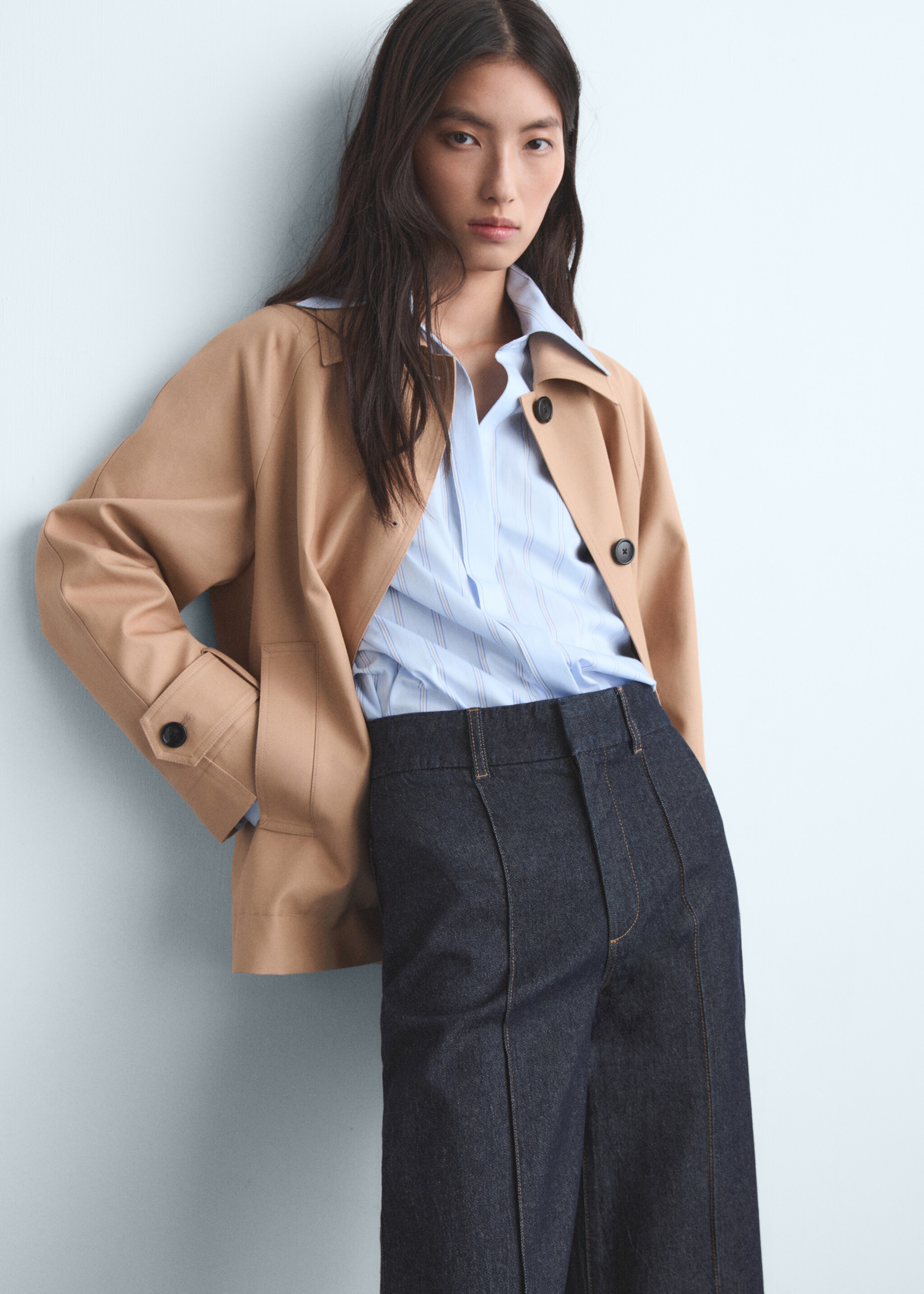 High-waisted culotte jeans with stitching - Details of the article 1, Open Blue. Ref: 17015803-00.