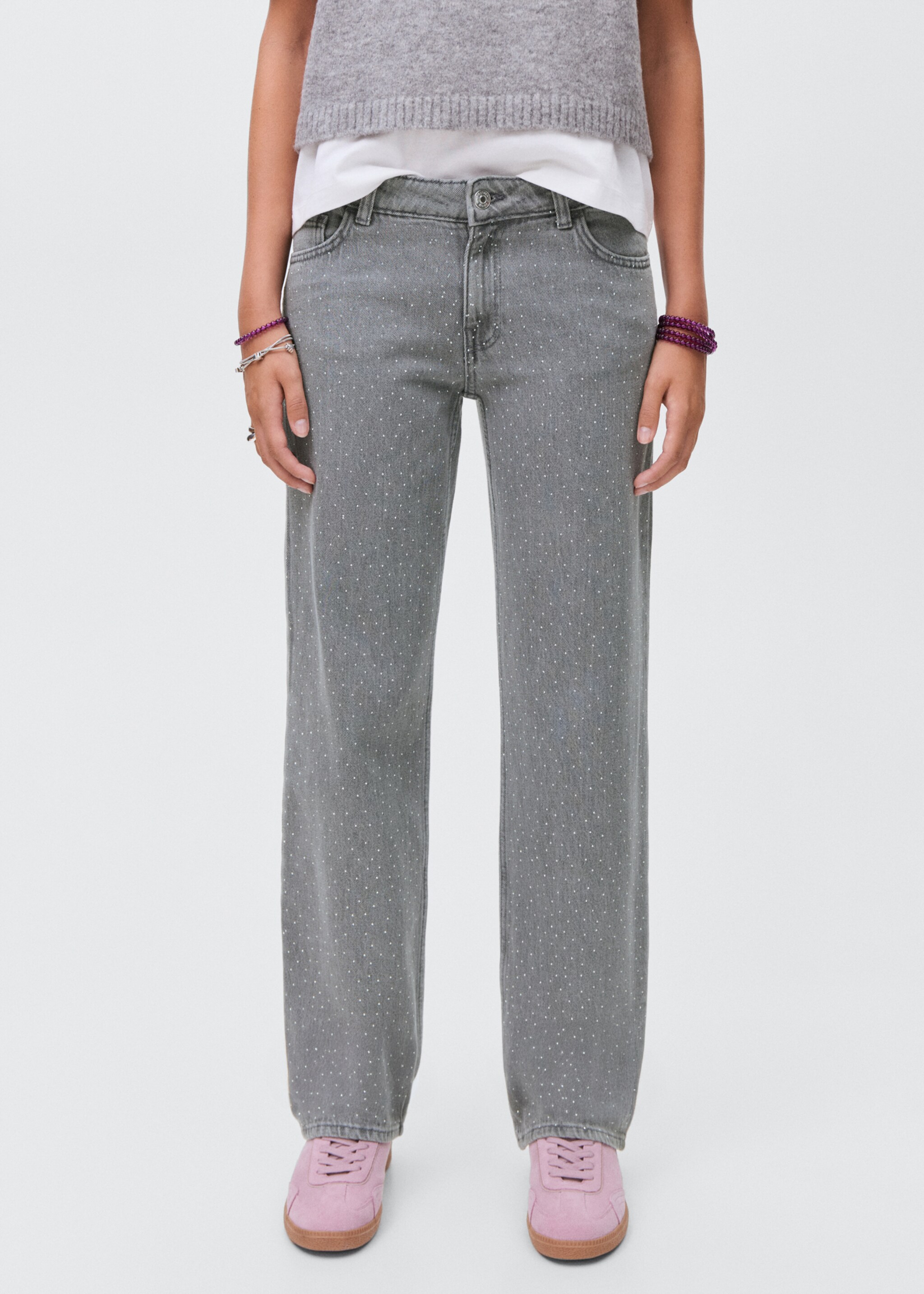Jeans straight strass - Plano medio, Gris. Ref: 17015814-00.