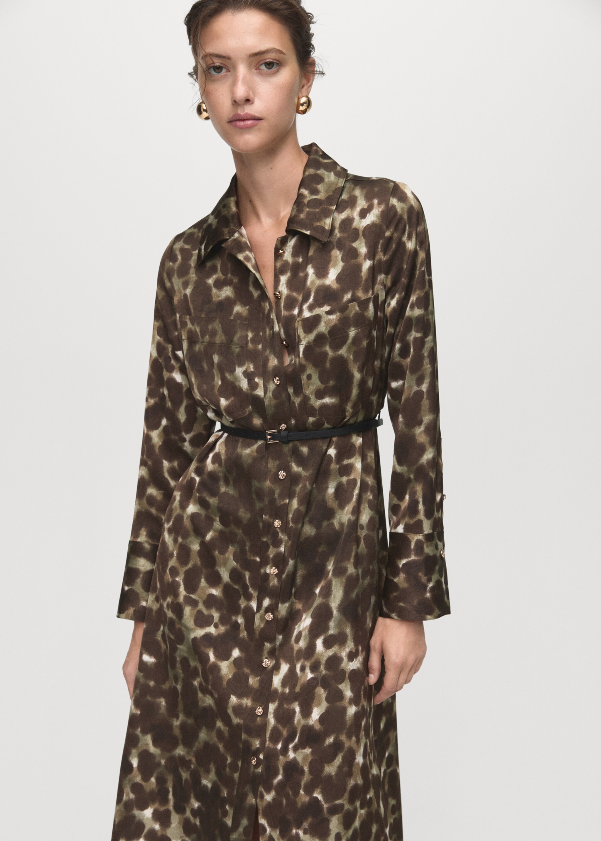 Printed shirt dress with belt - Medium plane, Khaki. Ref: 17015824-00.