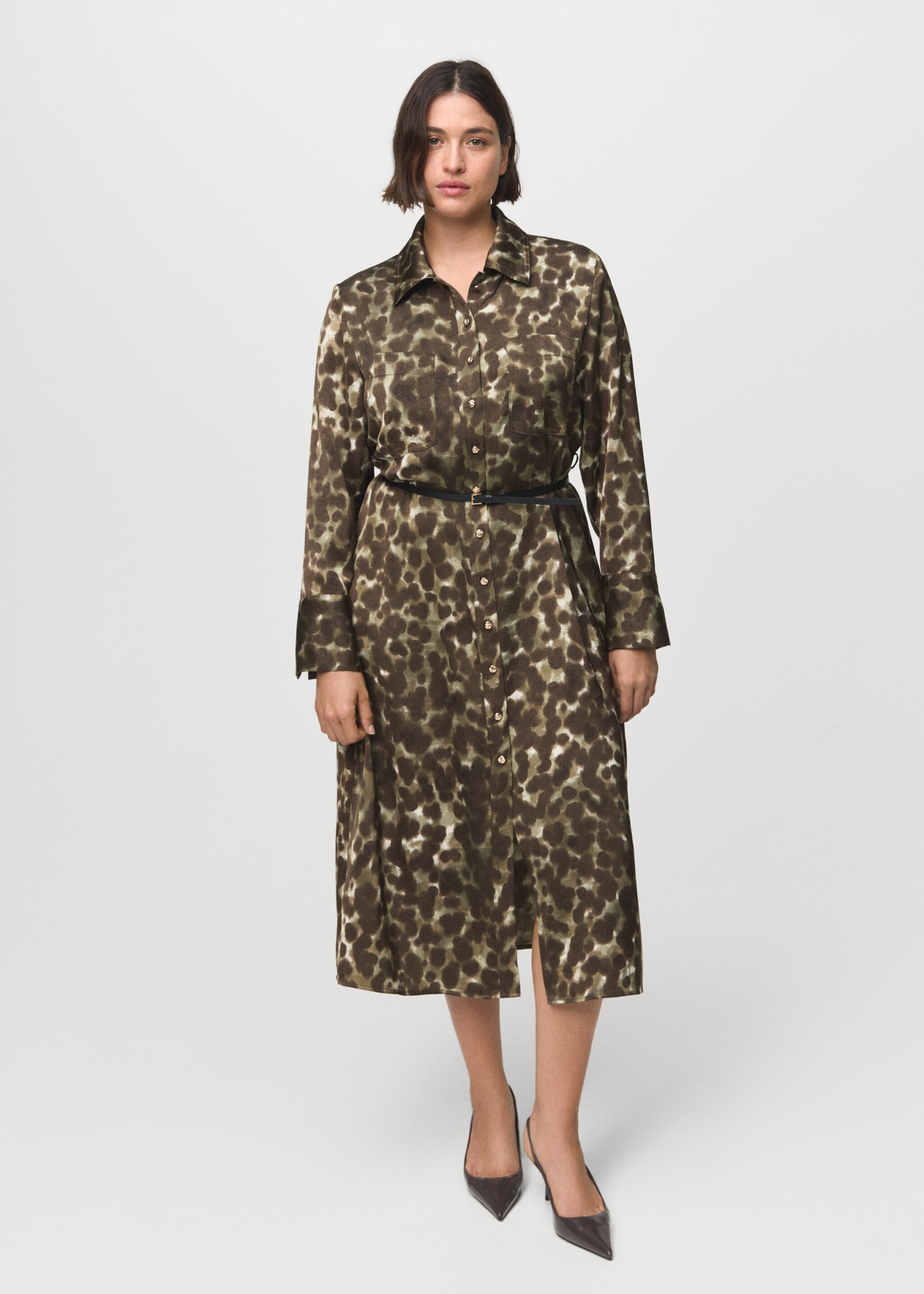 Printed shirt dress with belt - Details of the article 3, Khaki. Ref: 17015824-00.