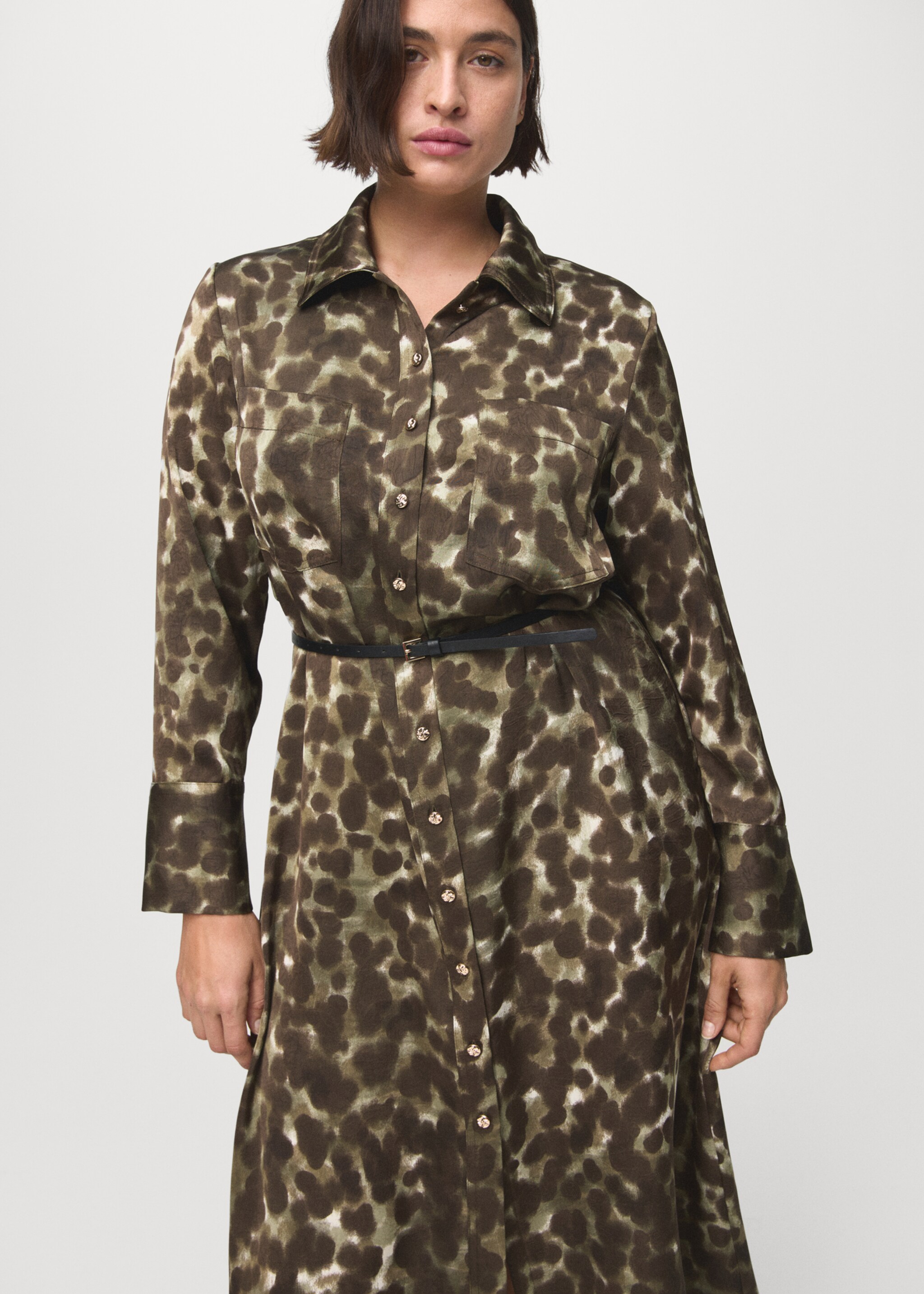 Printed shirt dress with belt - Details of the article 5, Khaki. Ref: 17015824-00.