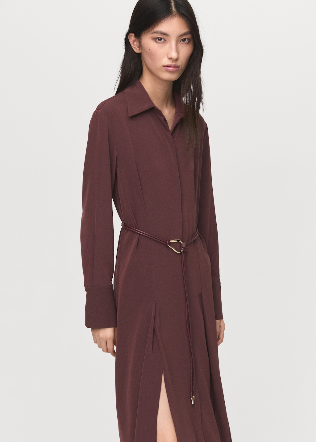 Mango - Belt Shirt Dress Burgundy - 2 - Woman Belt shirt dress - Women | MANGO USA