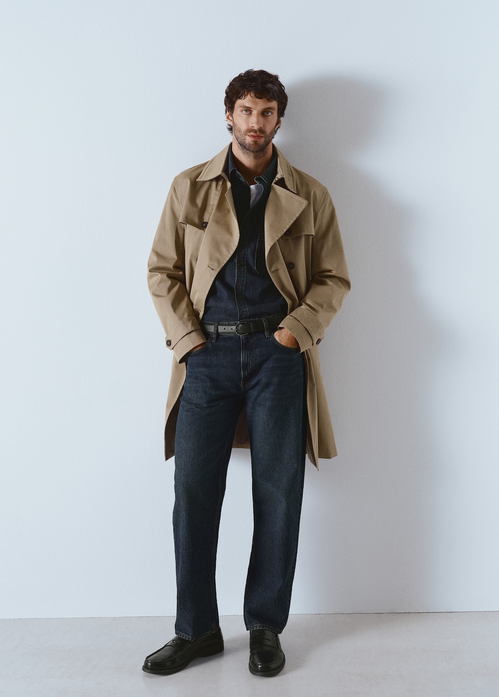 Water-repellent belted trench coat