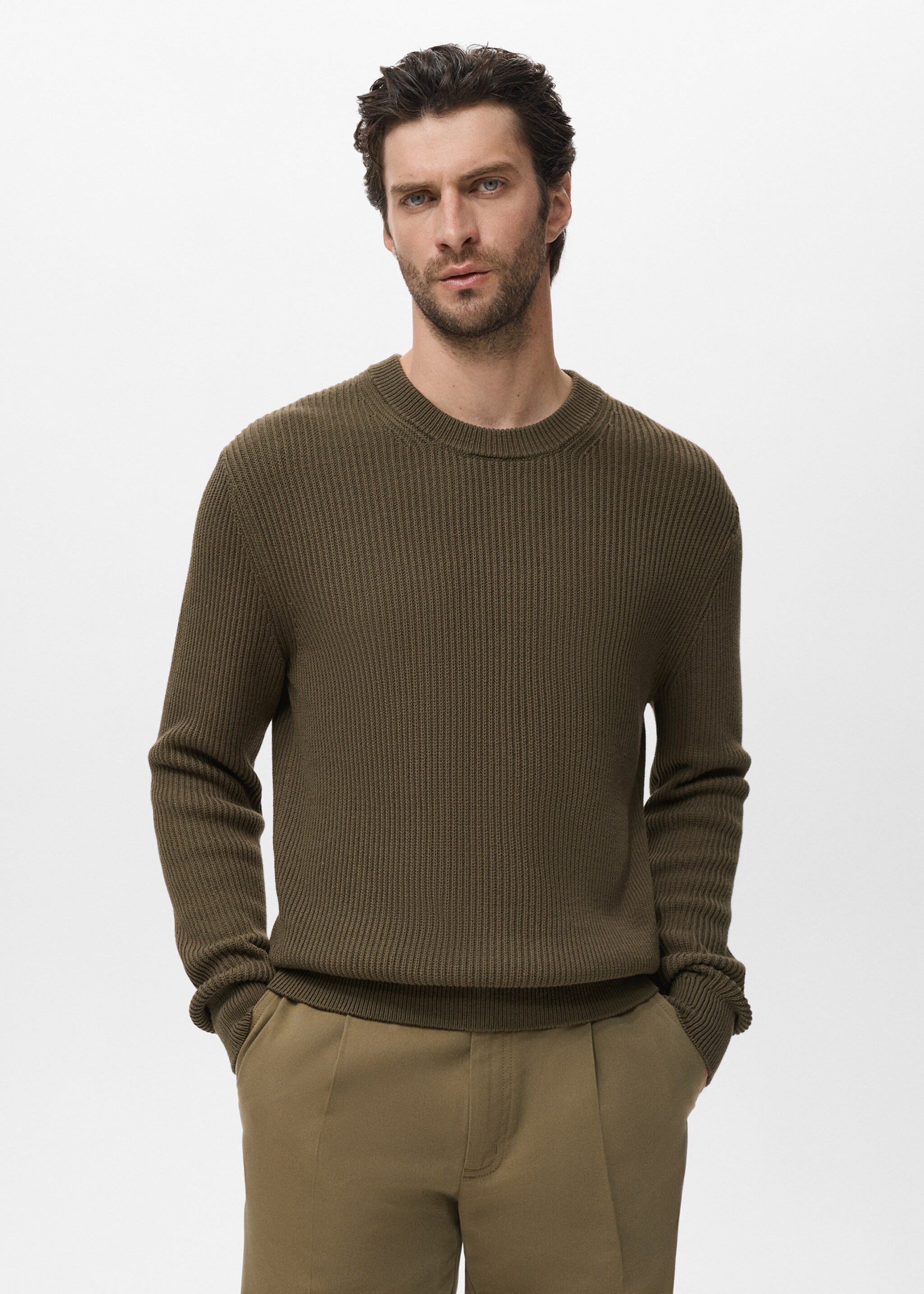 Fine rib-knit cotton sweater - Medium plane, Olive Green. Ref: 17015976-00.
