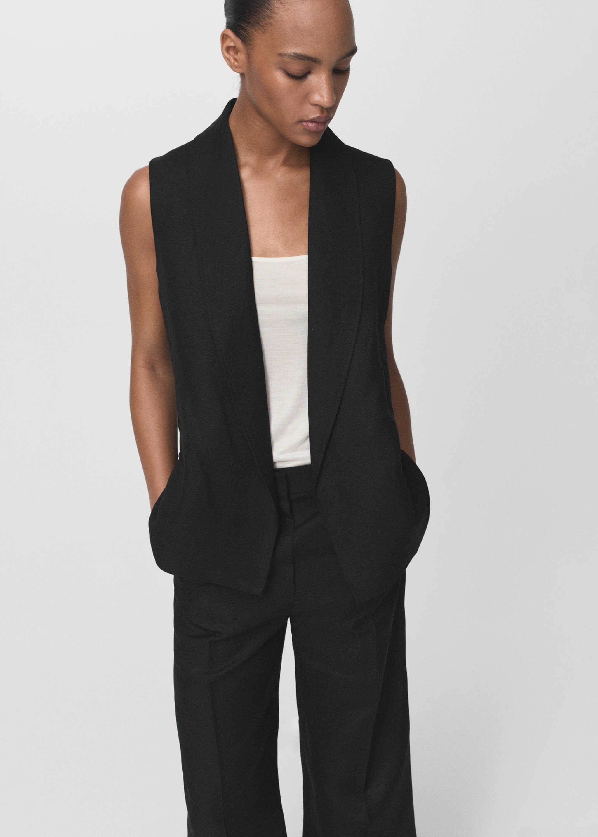Straight-fit linen suit trousers - Details of the article 1, Black. Ref: 17016736-00.
