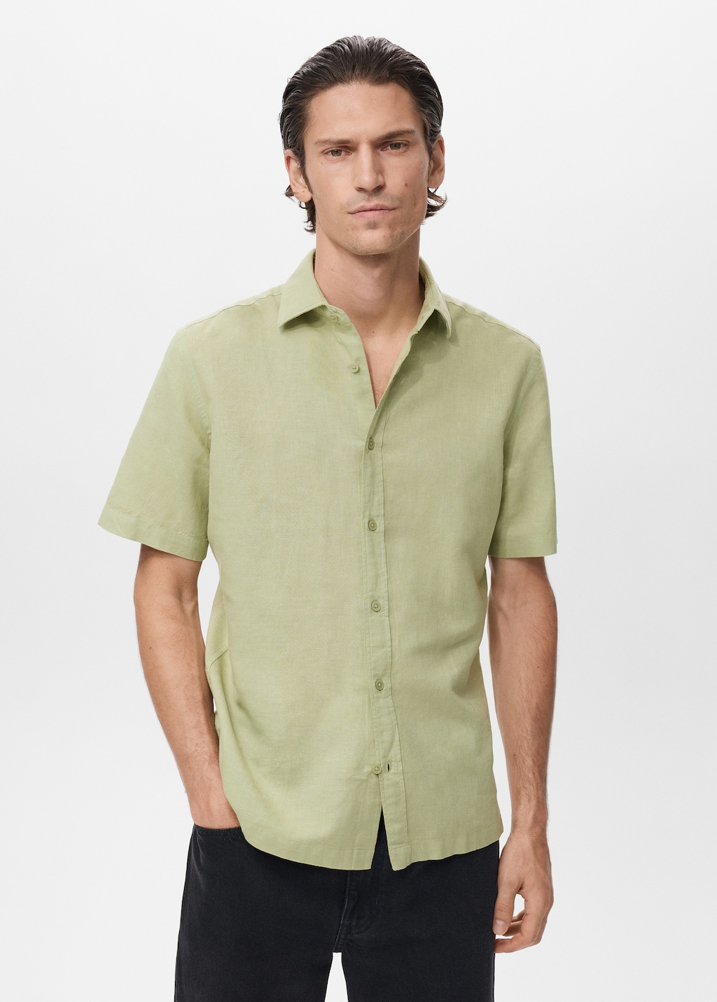 Short sleeve linen-blend shirt