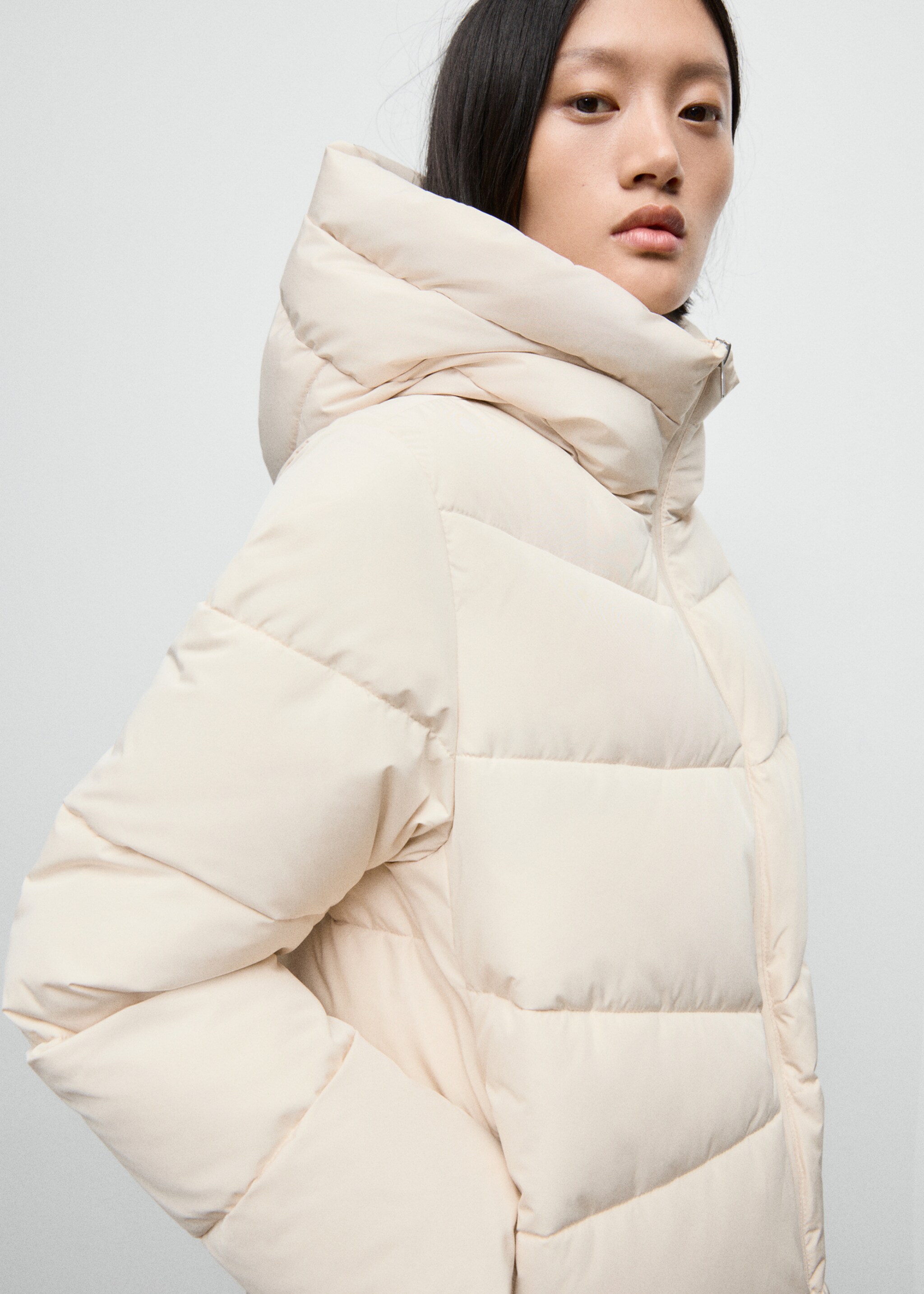 Hood quilted coat - Details of the article 1, Off White. Ref: 17017763-00.