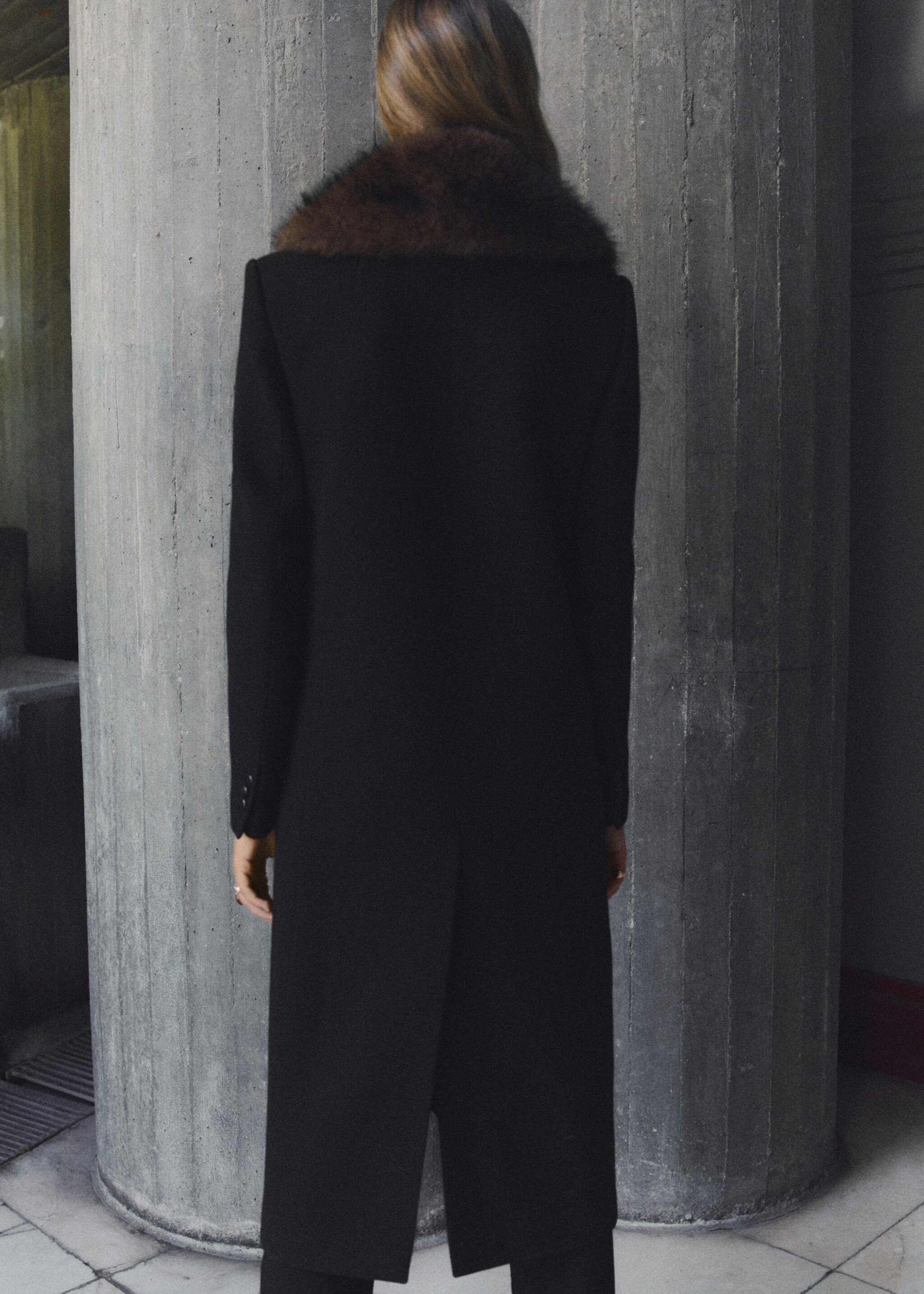 Wool coat with fur collar - Reverse of the article, Black. Ref: 17017770-00.