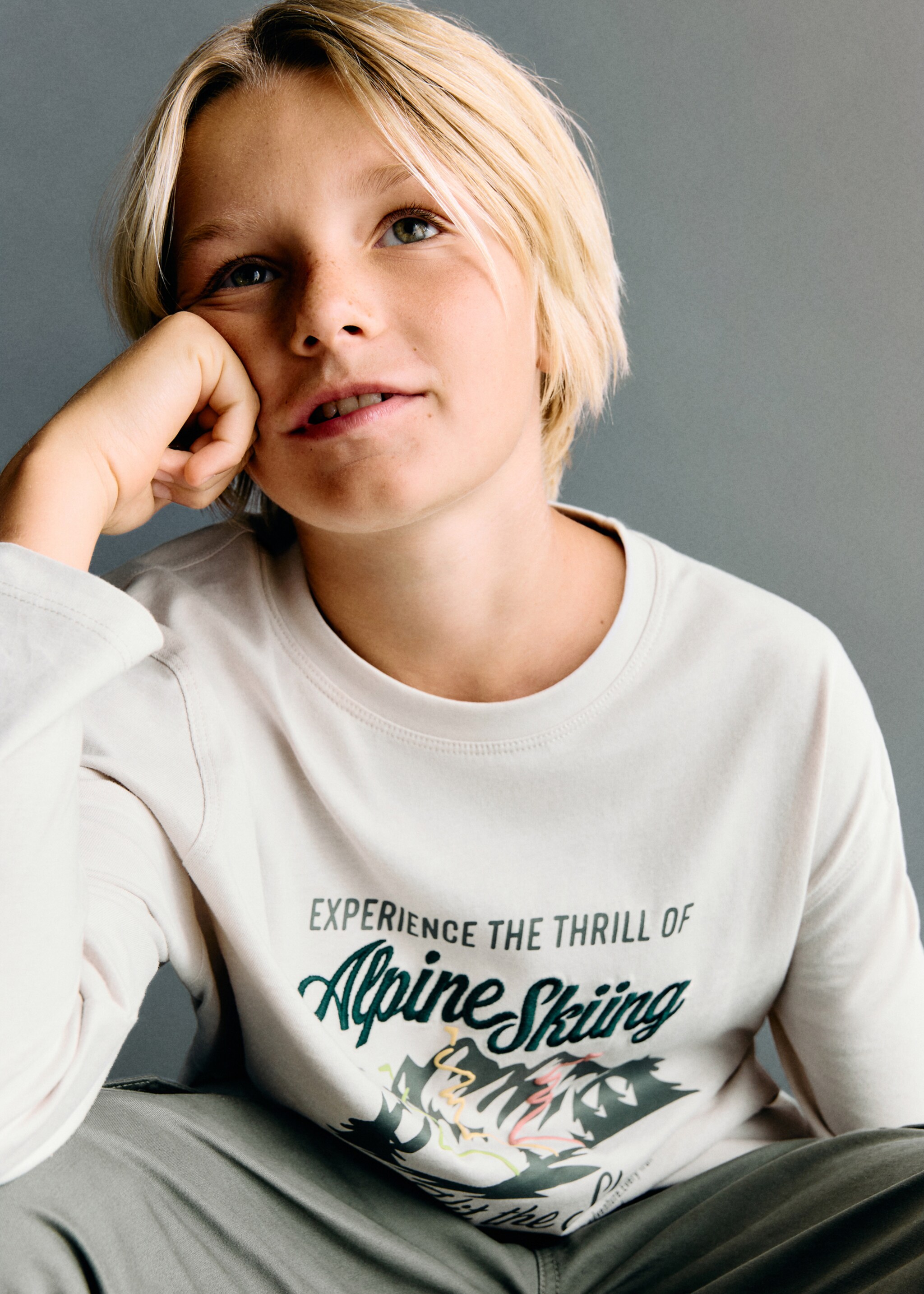 Embroidered printed T-shirt - Details of the article 1, Ice Grey. Ref: 17017777-00.