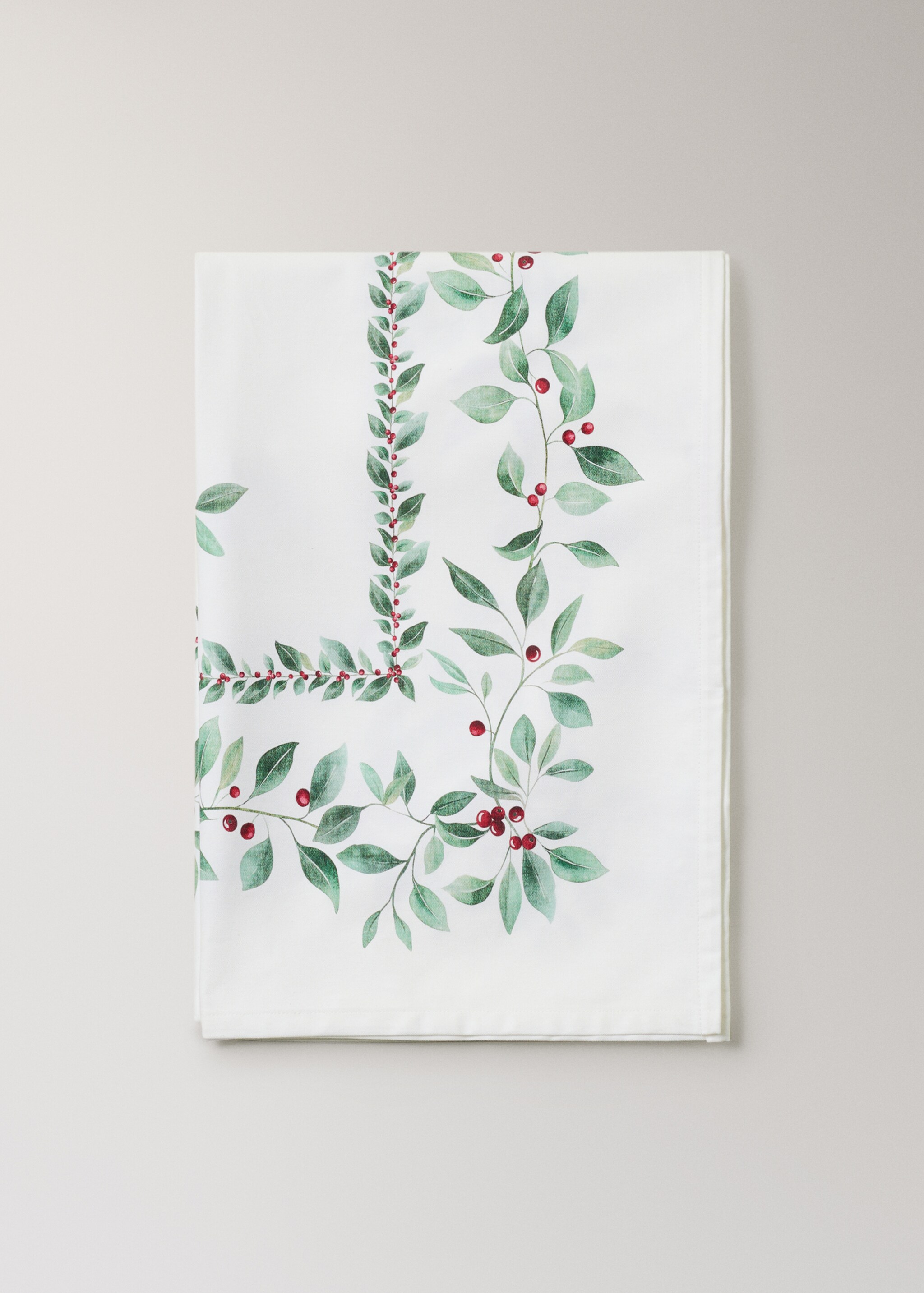 Holly-print cotton tablecloth for 6 to 8 diners - Details of the article 3, Ecru. Ref: 17017796-00.