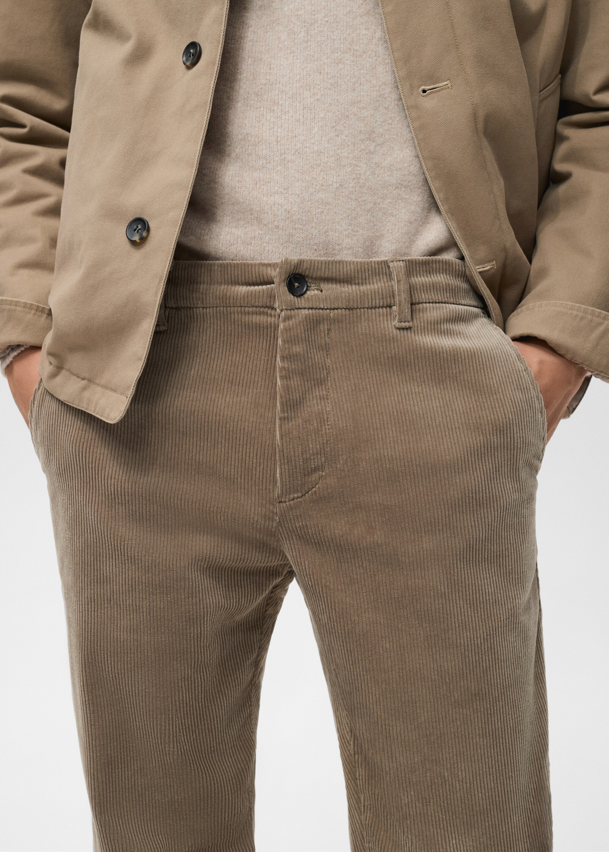 Corduroy slim-fit trousers - Details of the article 1, Beige. Ref: 17017887-00.