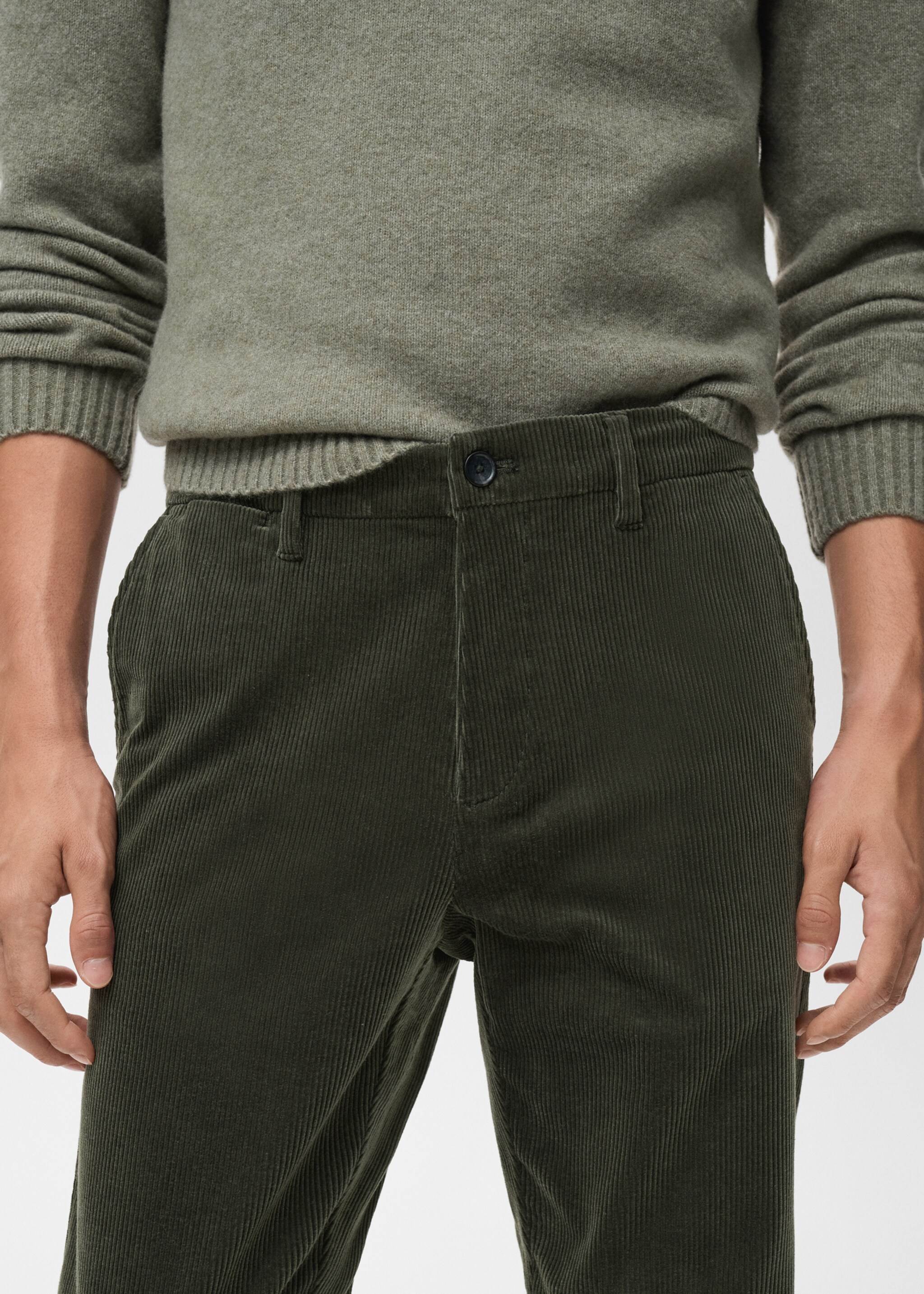 Corduroy slim-fit trousers - Details of the article 1, Khaki. Ref: 17017887-00.