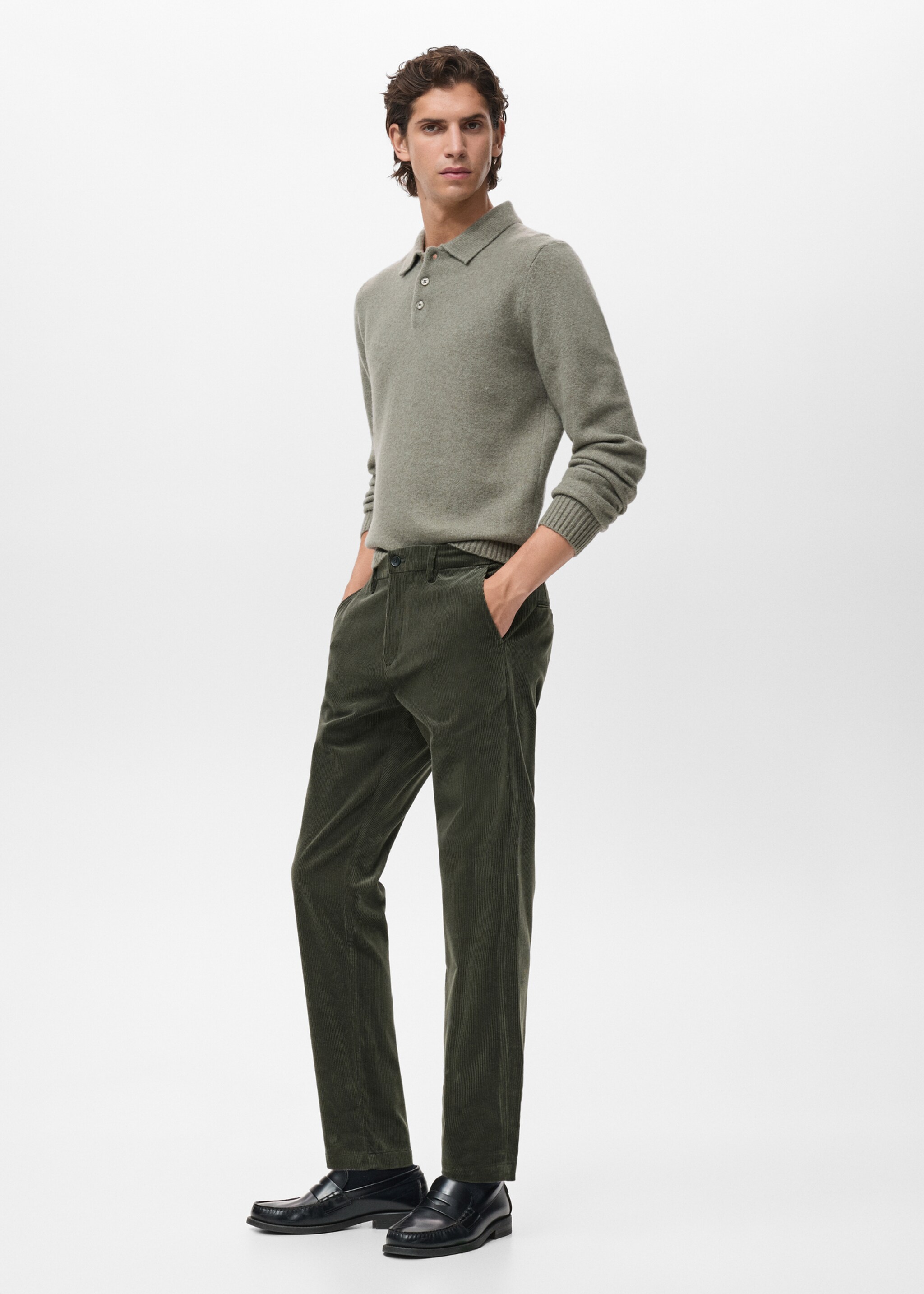 Corduroy slim-fit trousers - Details of the article 2, Khaki. Ref: 17017887-00.