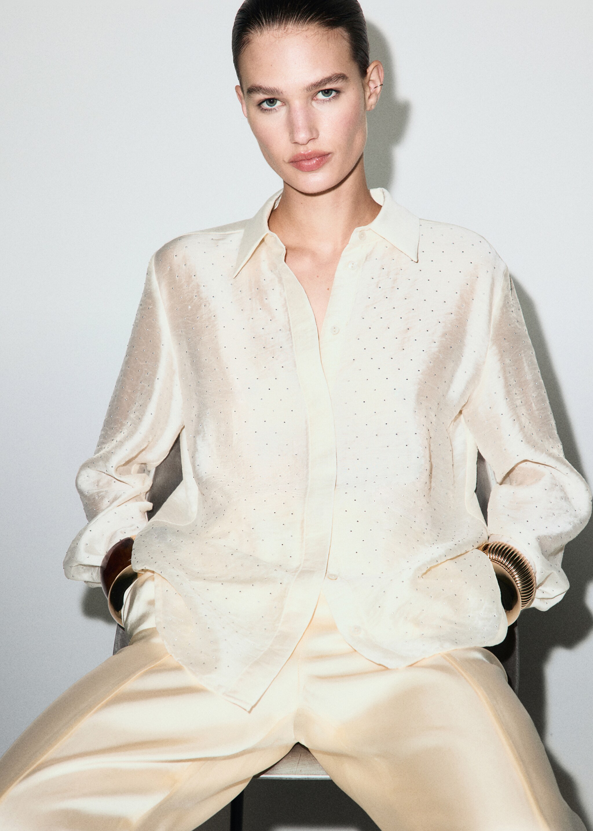 Satin shirt with rhinestones - Medium plane, Beige. Ref: 17019109-00.