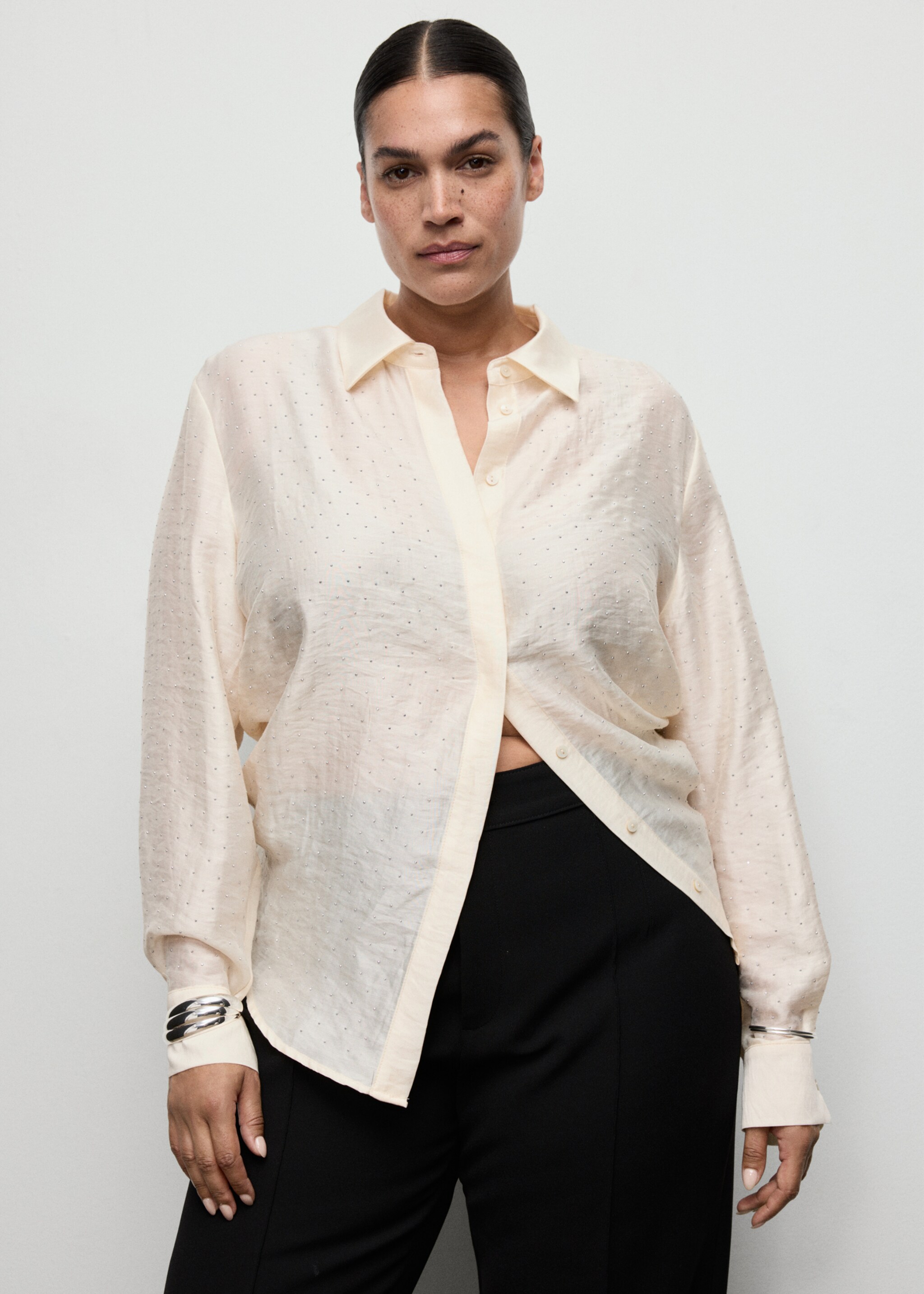 Satin shirt with rhinestones - Details of the article 5, Beige. Ref: 17019109-00.