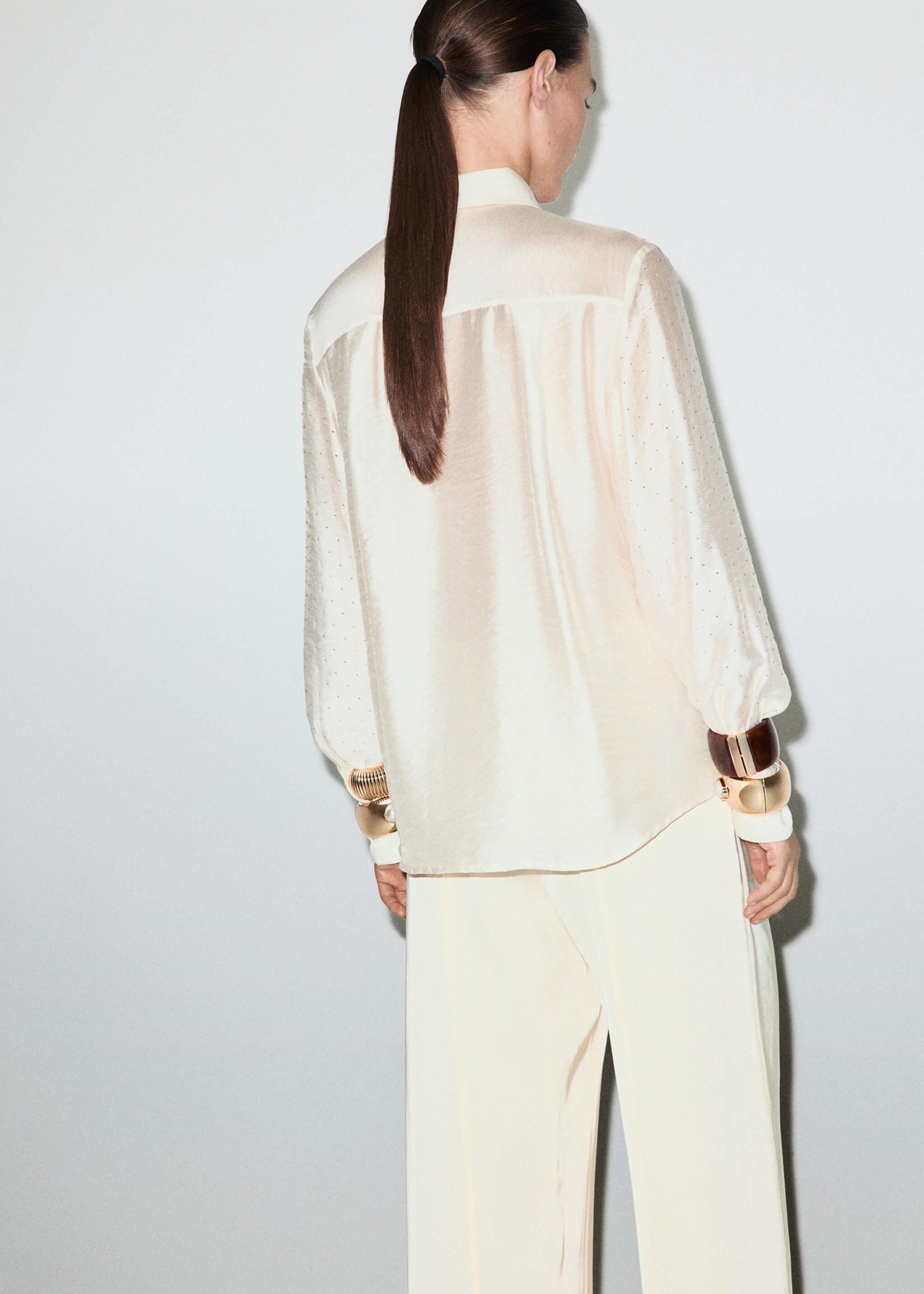 Satin shirt with rhinestones - Reverse of the article, Beige. Ref: 17019109-00.