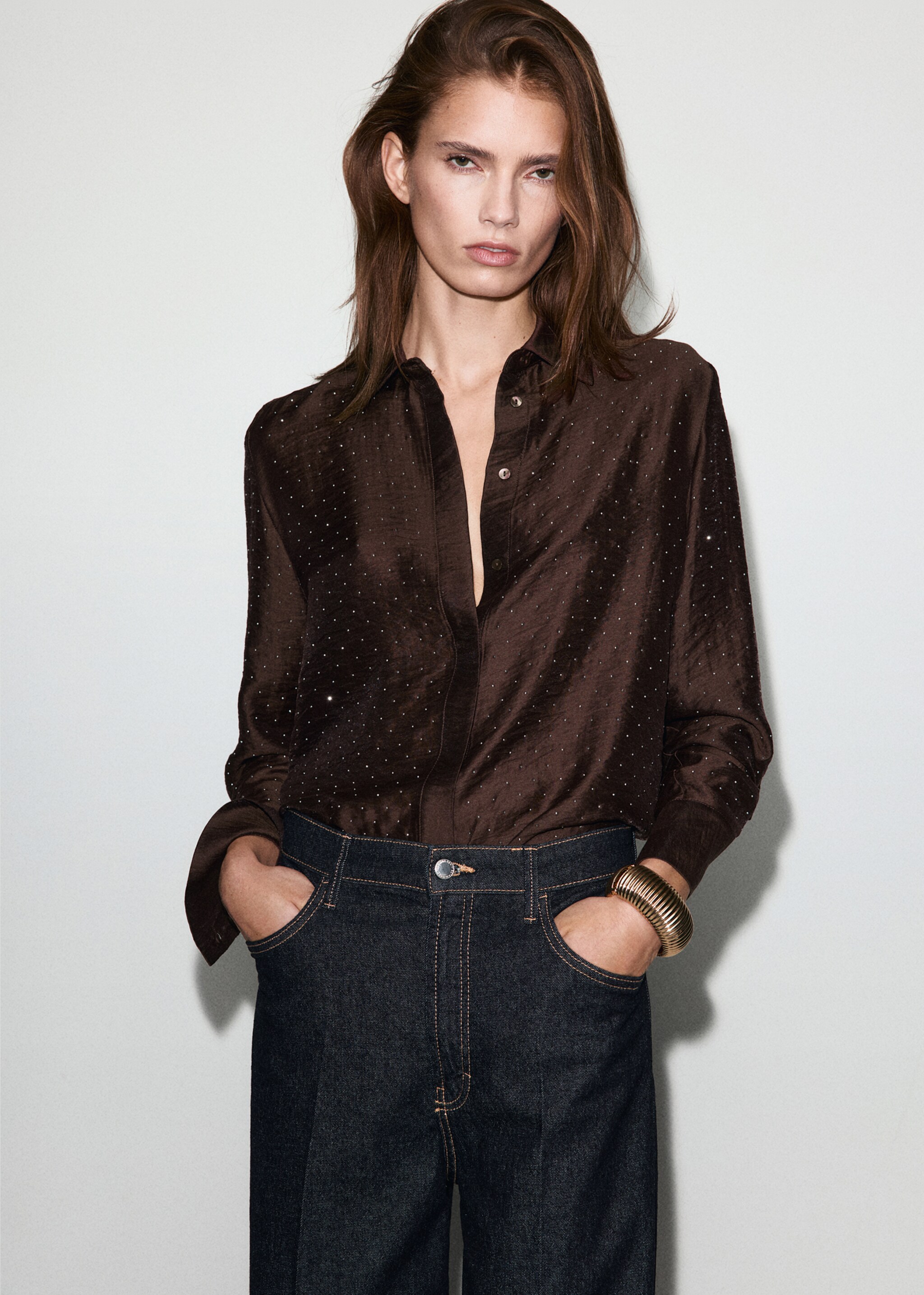 Satin shirt with rhinestones - Medium plane, Brown. Ref: 17019109-00.