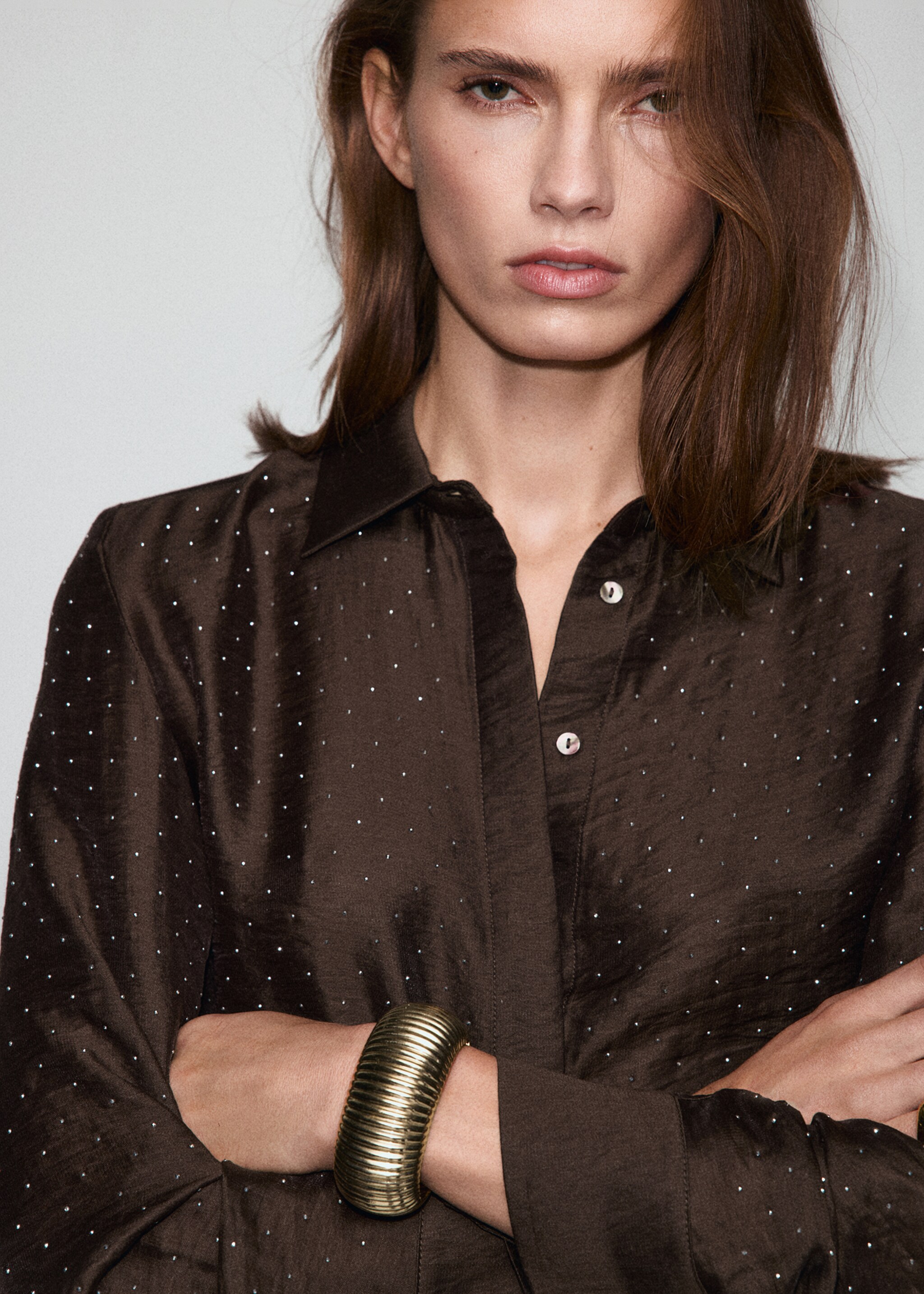 Satin shirt with rhinestones - Details of the article 1, Brown. Ref: 17019109-00.