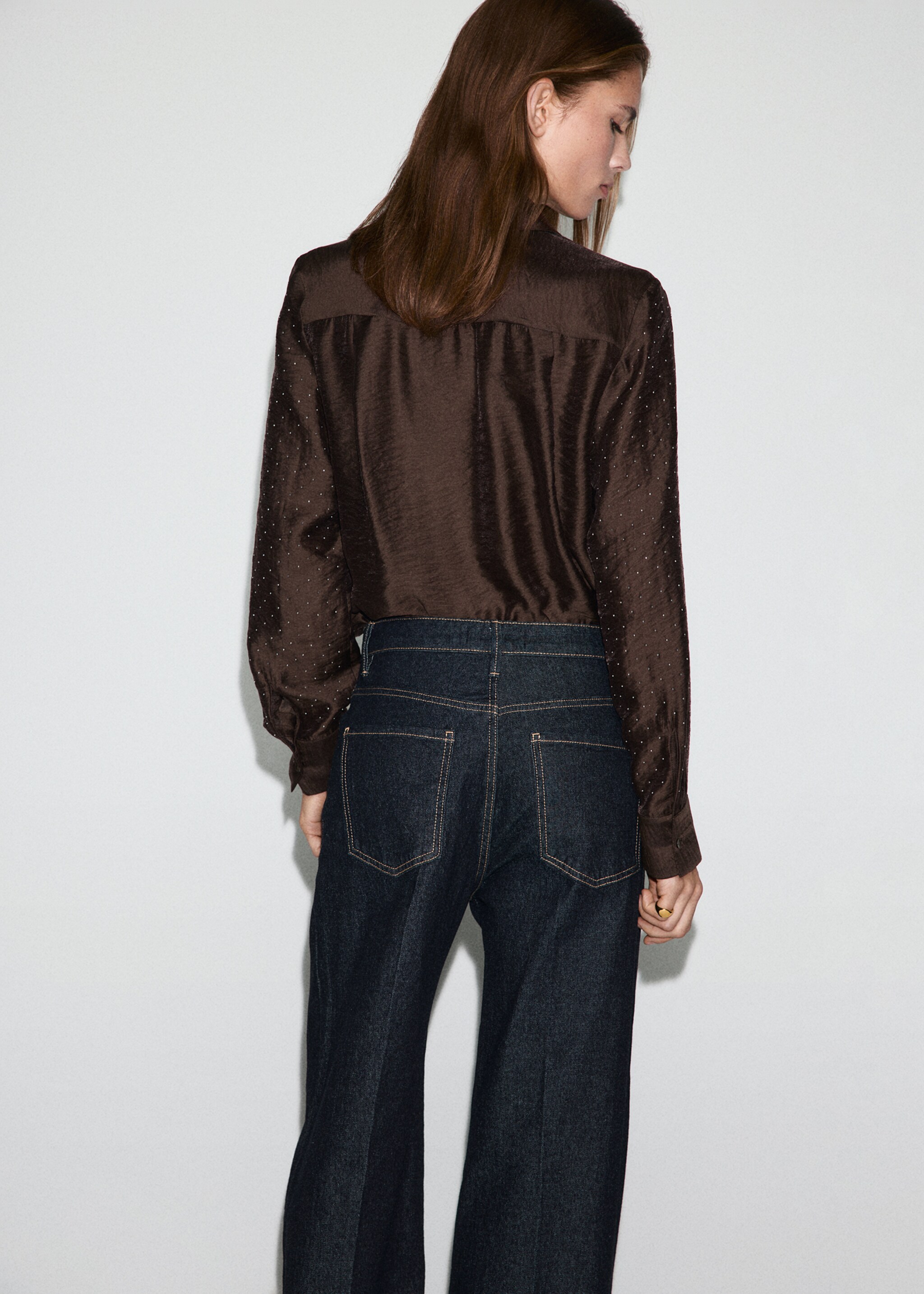 Satin shirt with rhinestones - Reverse of the article, Brown. Ref: 17019109-00.