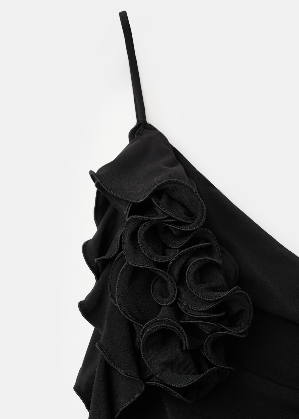 Ruched asymmetrical top with ruffle trim