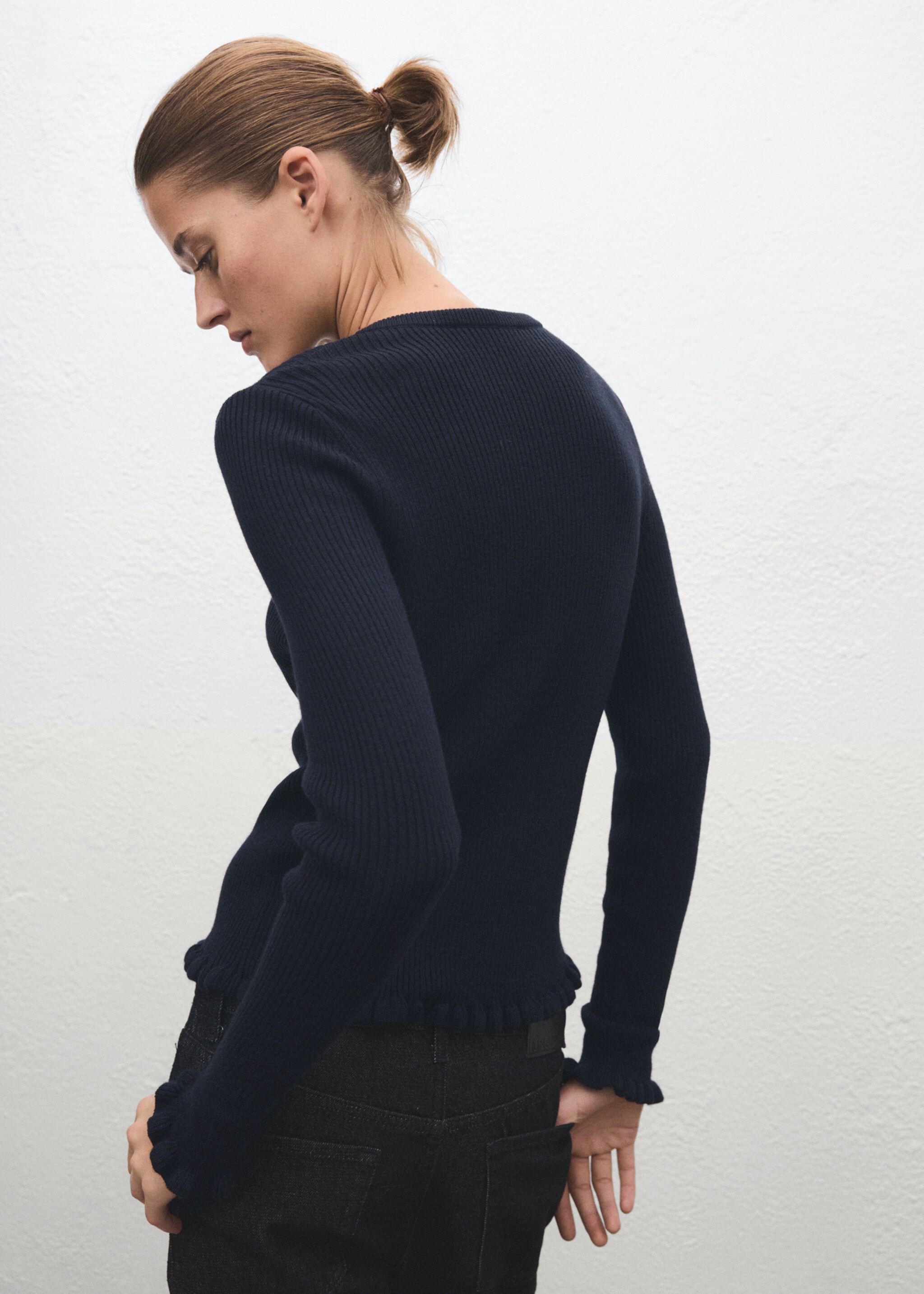 Scalloped edges cardigan - Reverse of the article, Navy. Ref: 17019122-00.