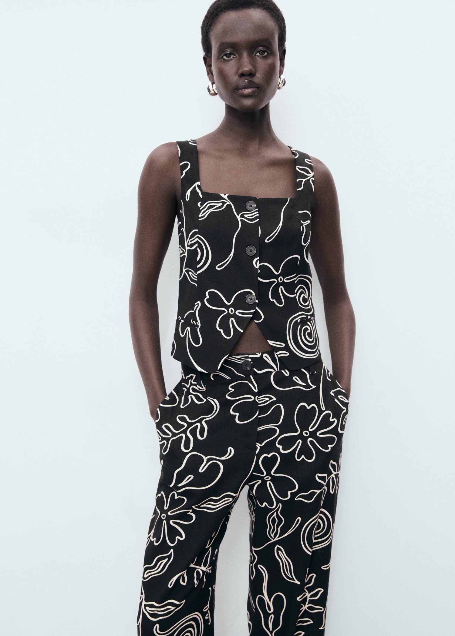 Floral-print linen-blend trousers - Details of the article 1
