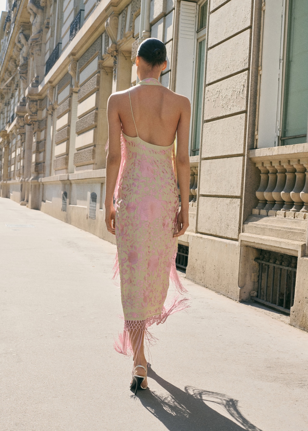 Asymmetrical dress with embroidered fringes