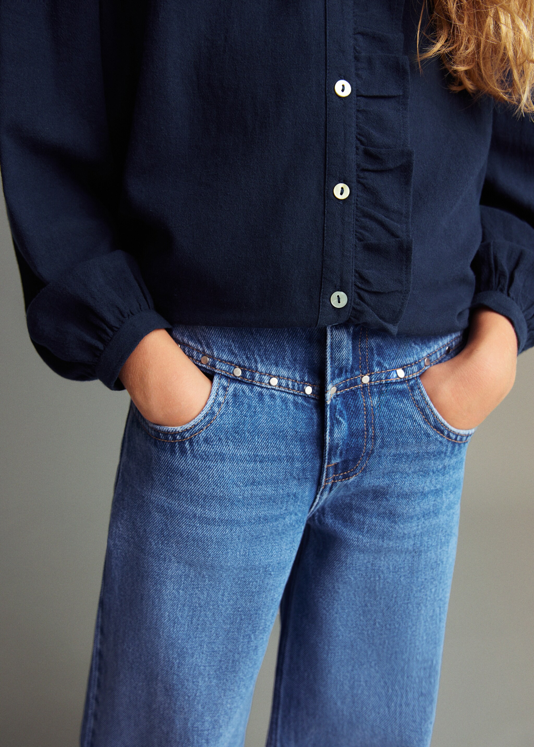 Wide leg jeans with studs - Medium plane, Dark Blue. Ref: 17023277-00.