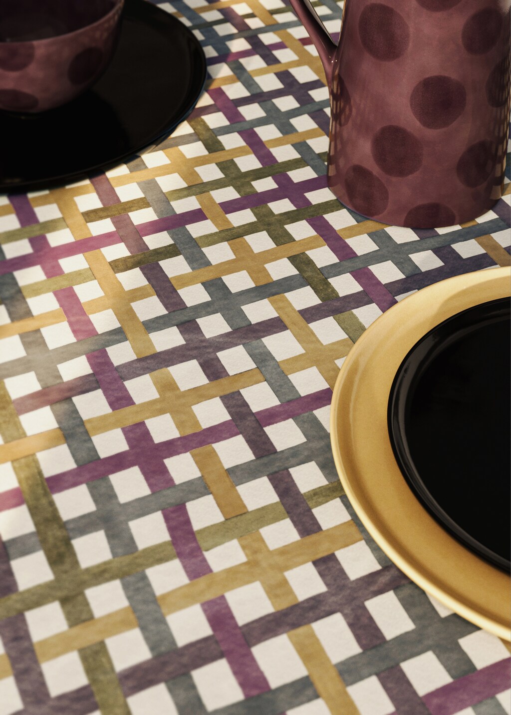 Multi-colored check resin-coated tablecloth for 8 to 10 diners