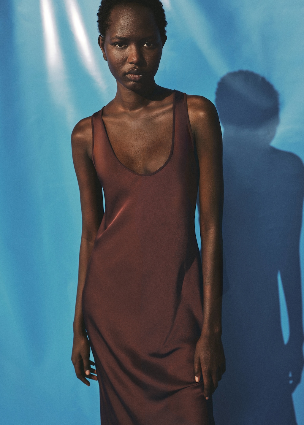 Mango Satin dress with low-cut neckline